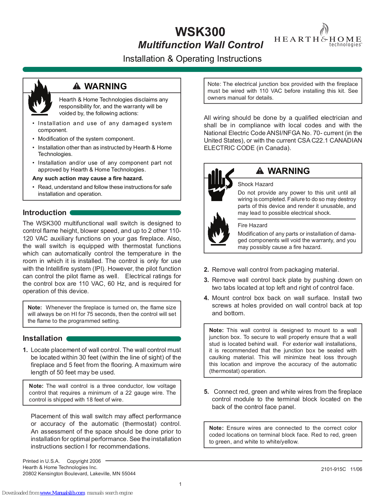 Hearth & Home WSK300 Installation & Operating Instructions Manual