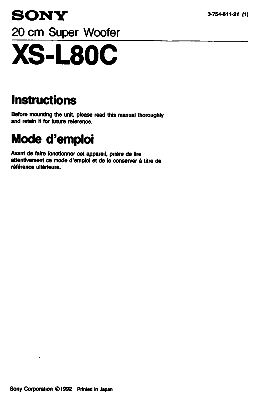 Sony XS-L80C Instructions Manual