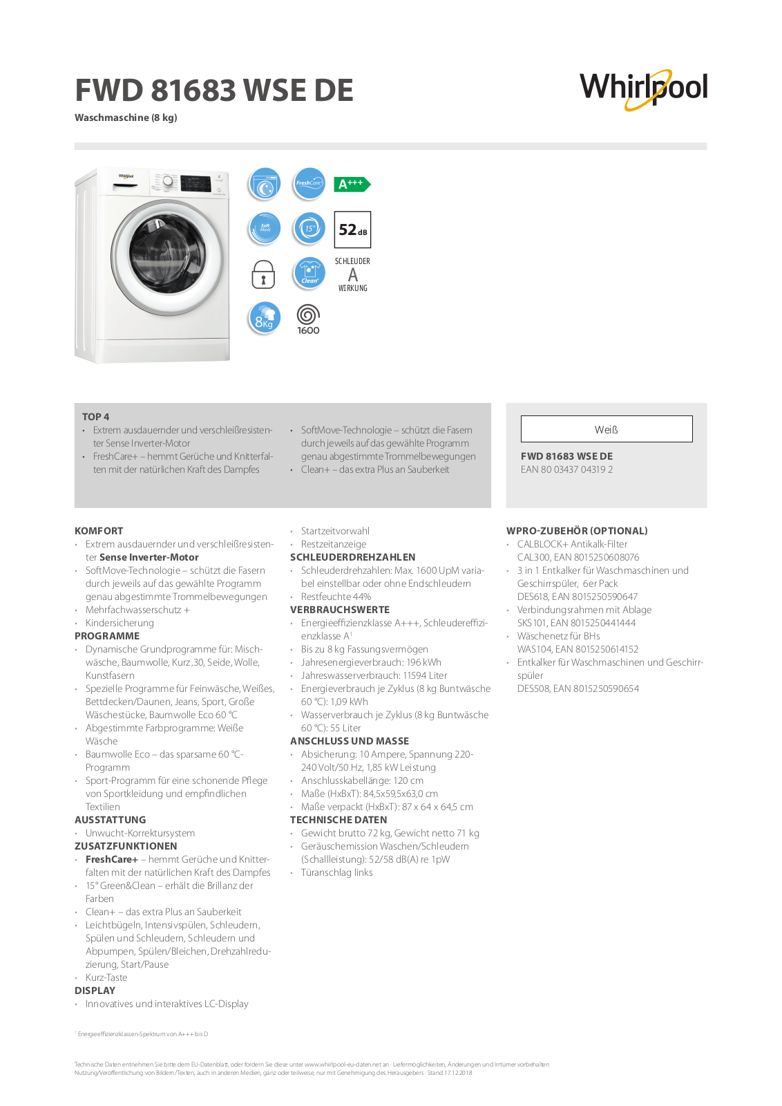 Whirlpool FWD81683WSE DE User Manual