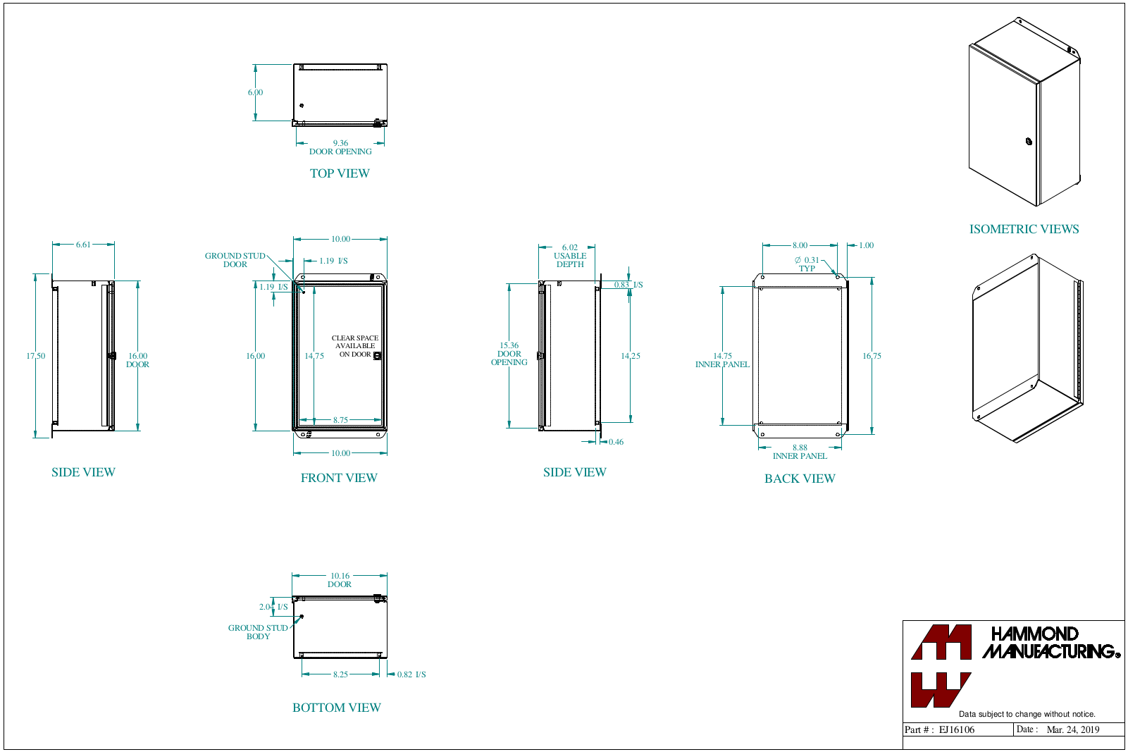 Hammond Manufacturing EJ16106 technical drawings