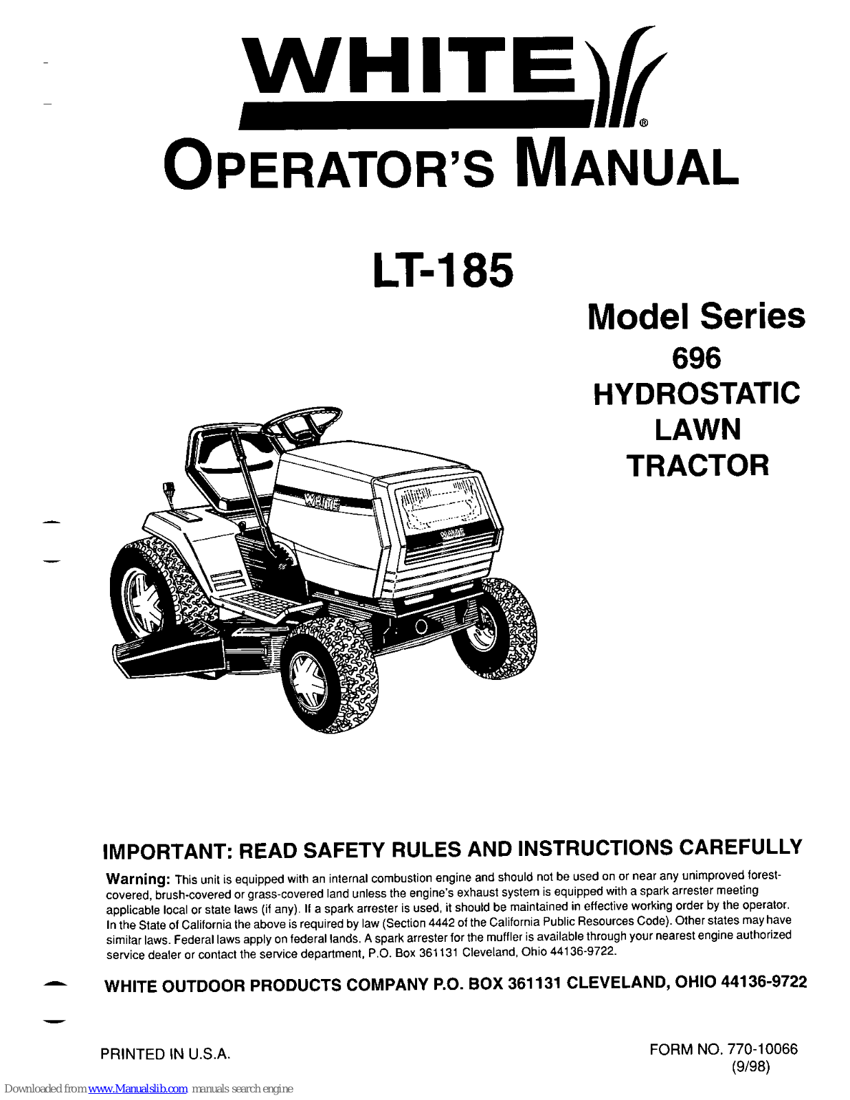 White Outdoor LT-185 Operator's Manual