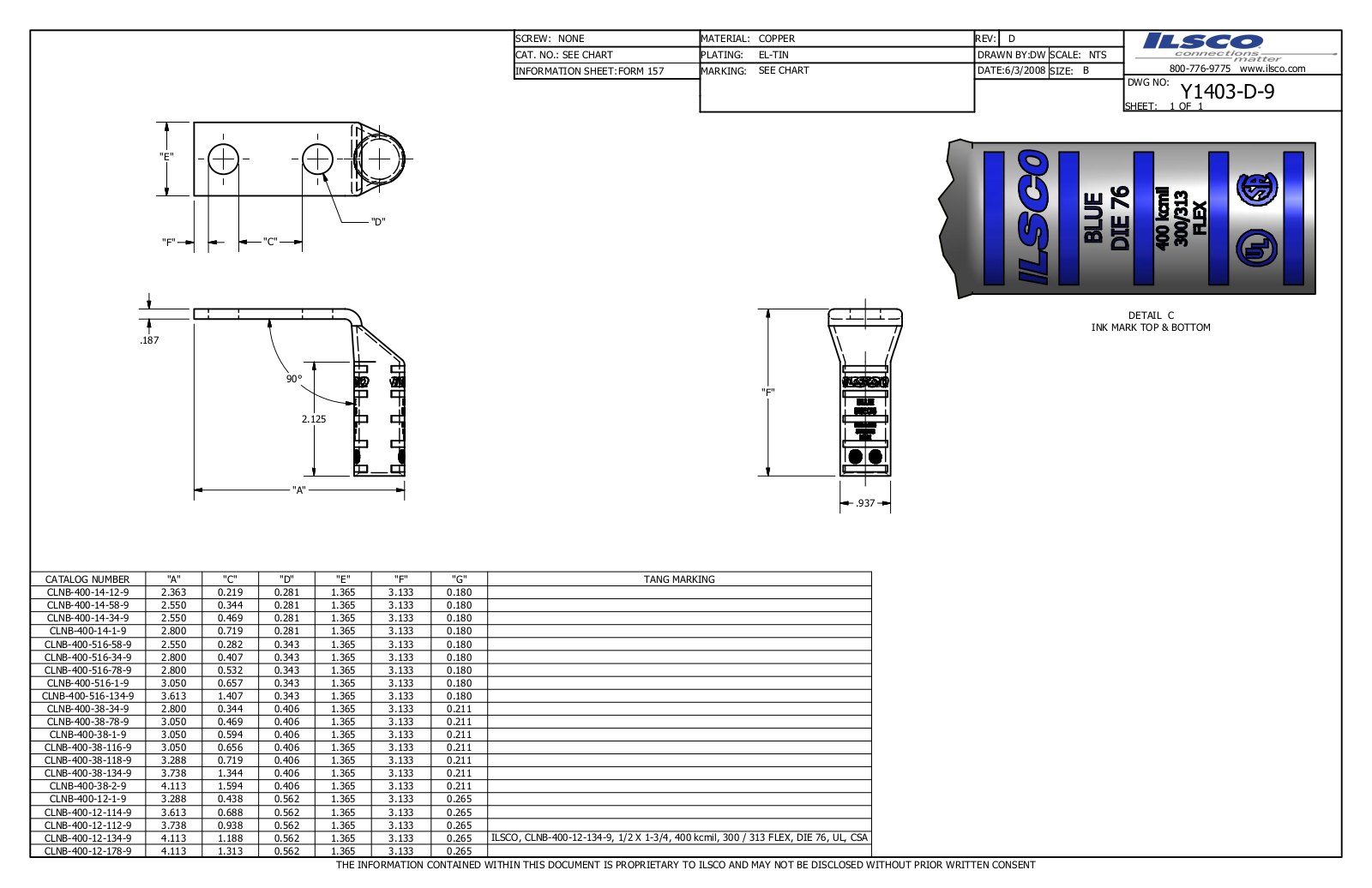 Ilsco CLNB-400-12-134-9 Data sheet