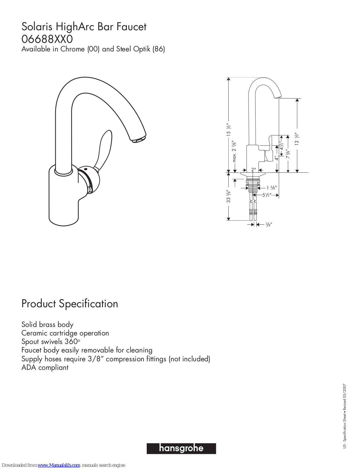 Hansgrohe 6688000, 6688860 Specification Sheet