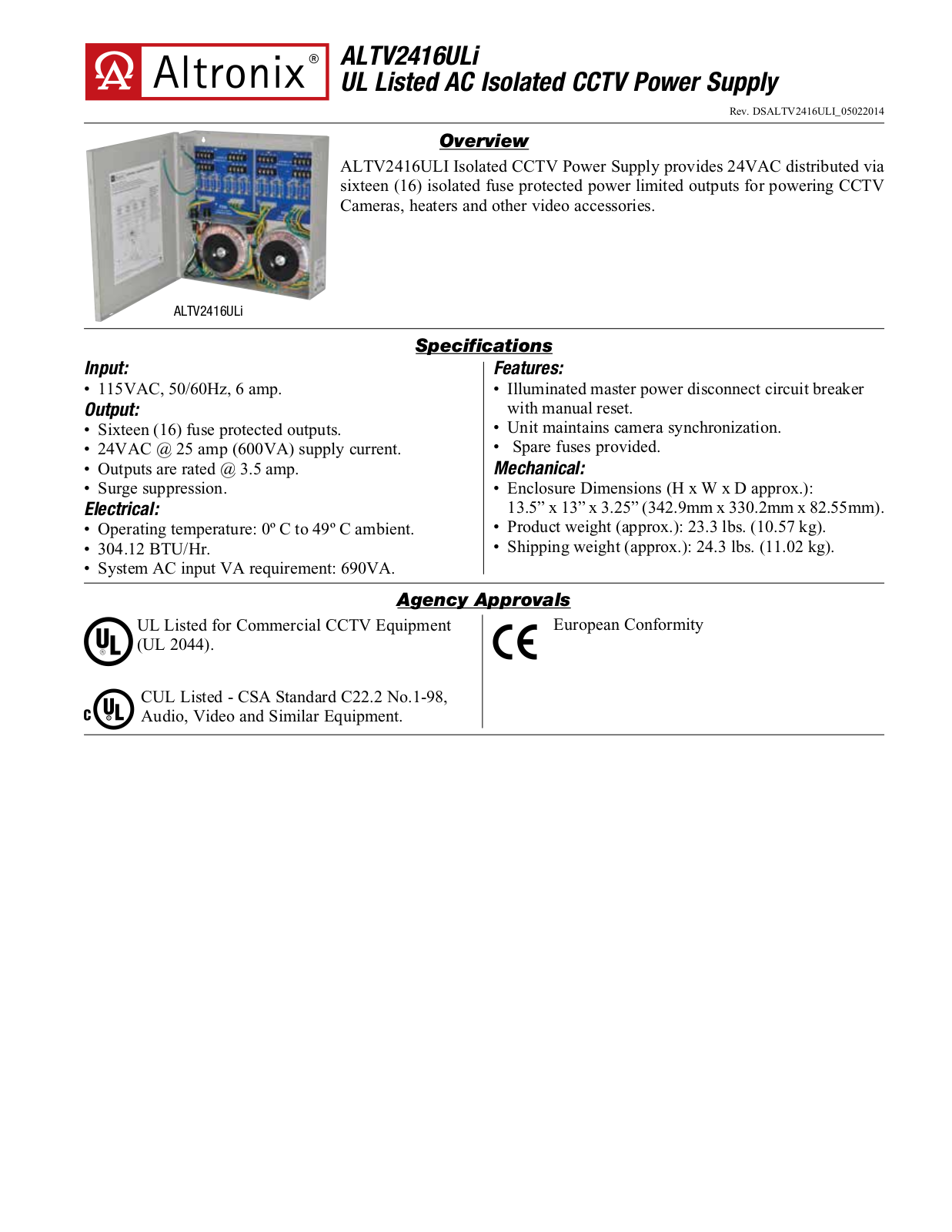 Altronix ALTV2416ULI Specsheet