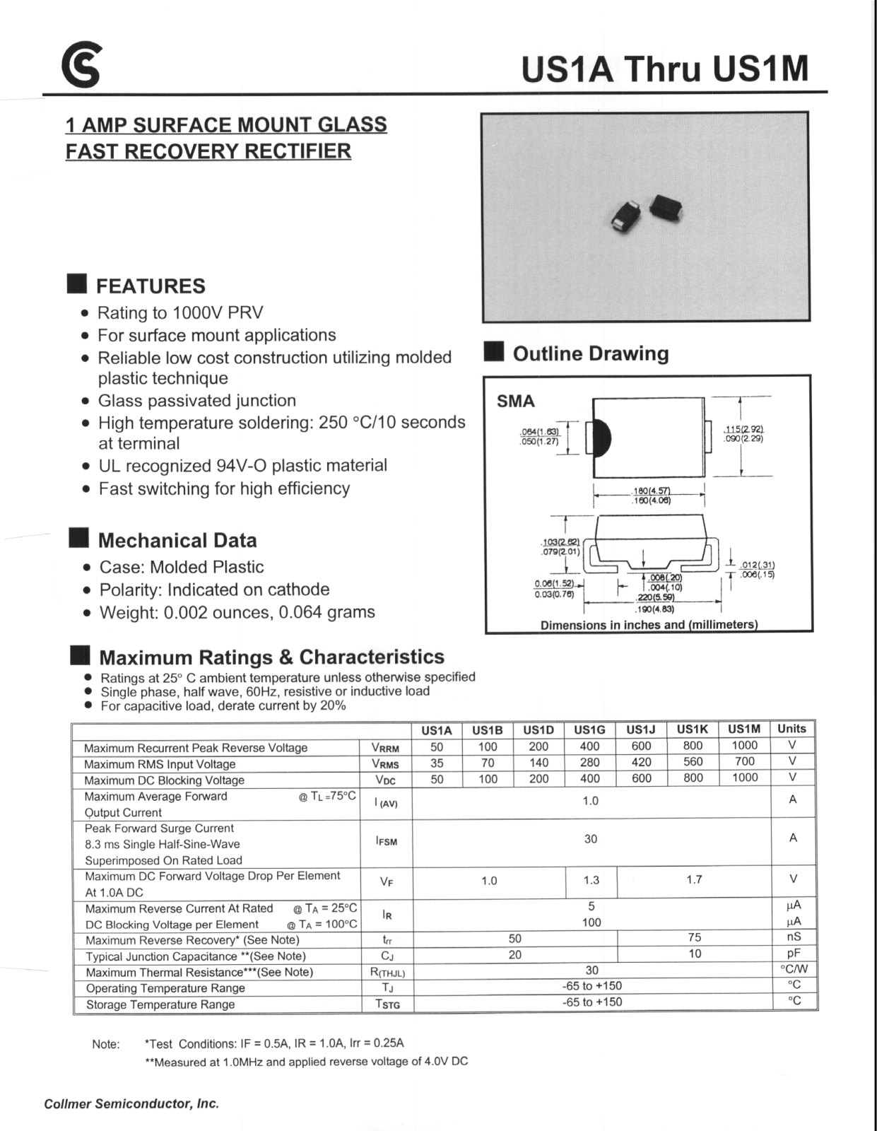 Collmer Semiconductor US1D, US1J, US1B, US1M, US1K Datasheet