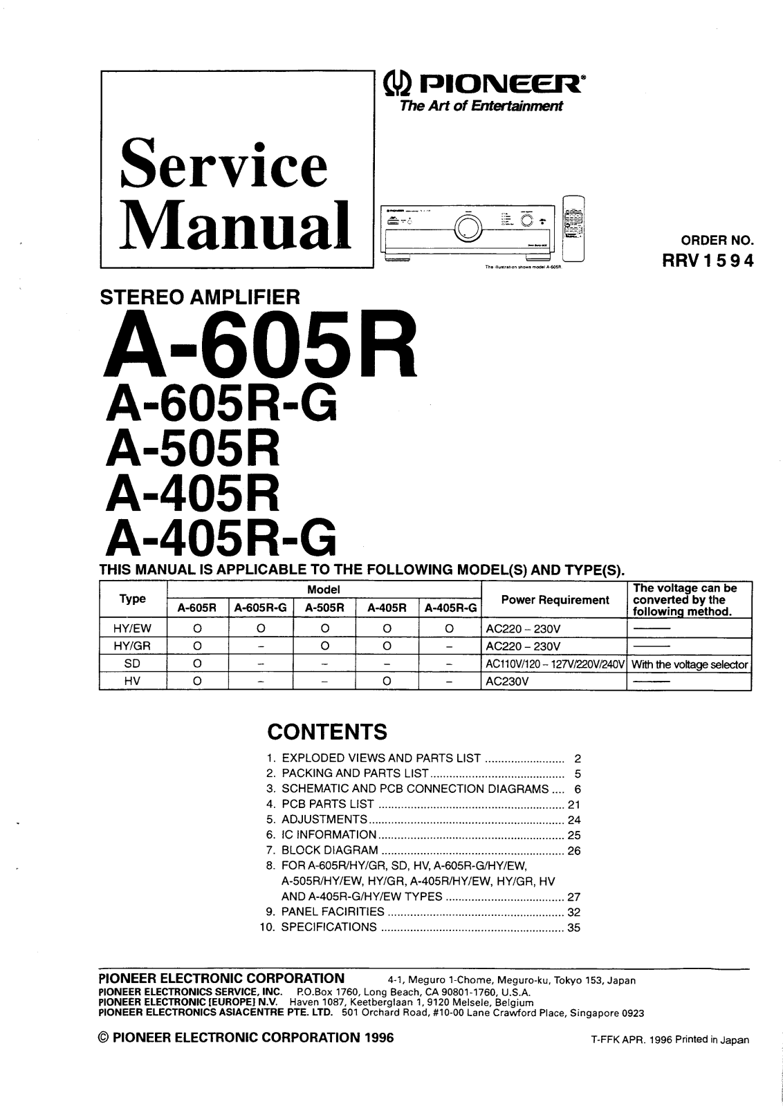 PIONEER hfe 405r, hfe505r, hfe 605r Service Manual