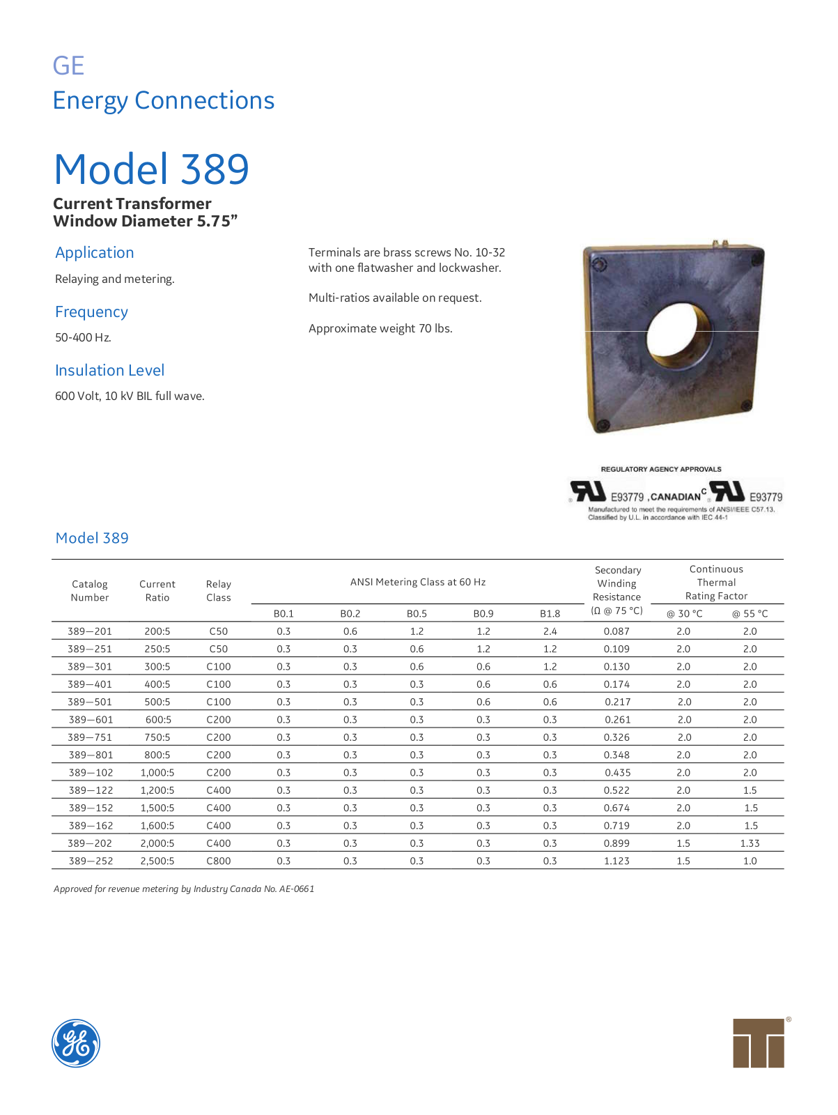 Instrument Transformer, Div of GE 389 Data Sheet