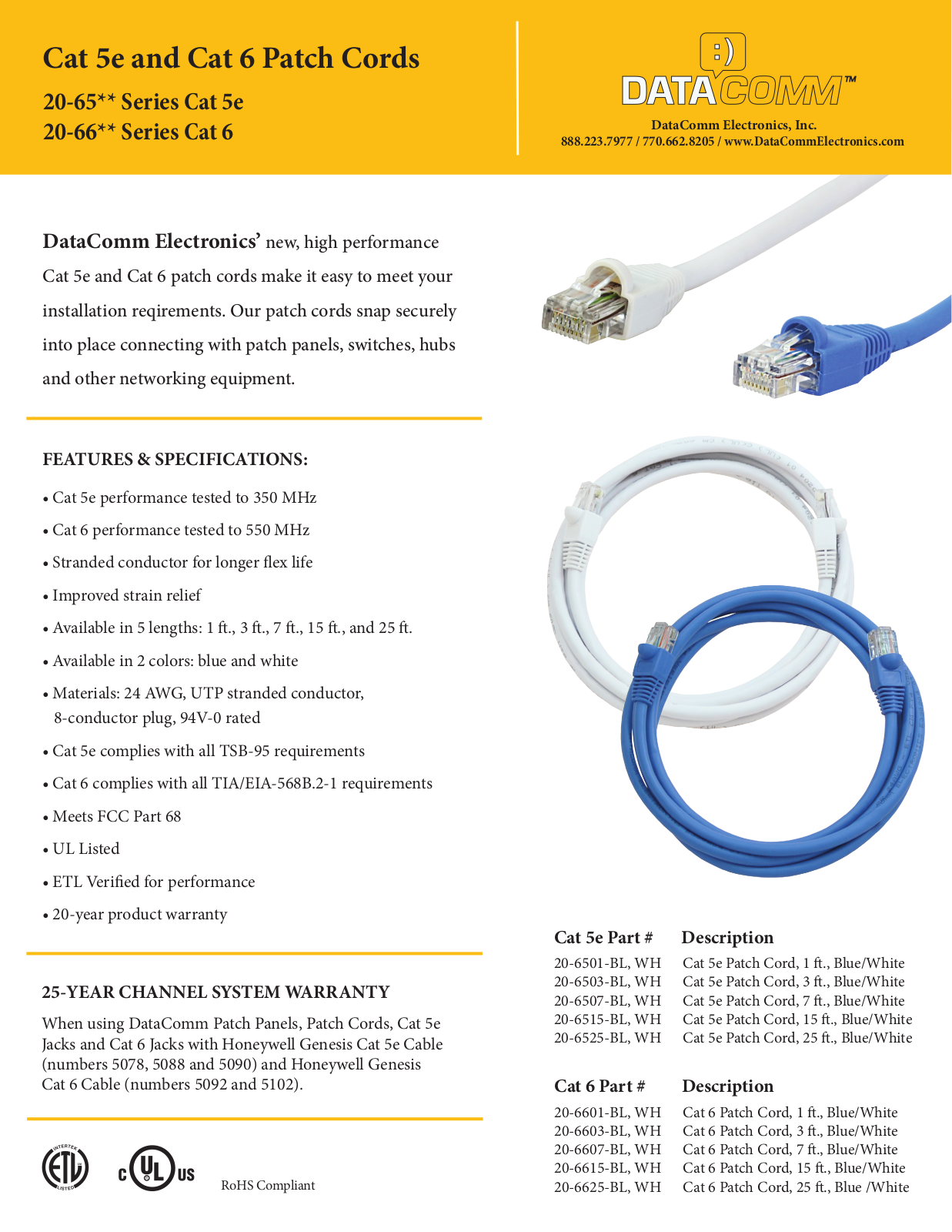 DataComm 20-6501-BL, 20-6501-WH, 20-6503-BL, 20-6503-WH, 20-6507-BL Specsheet