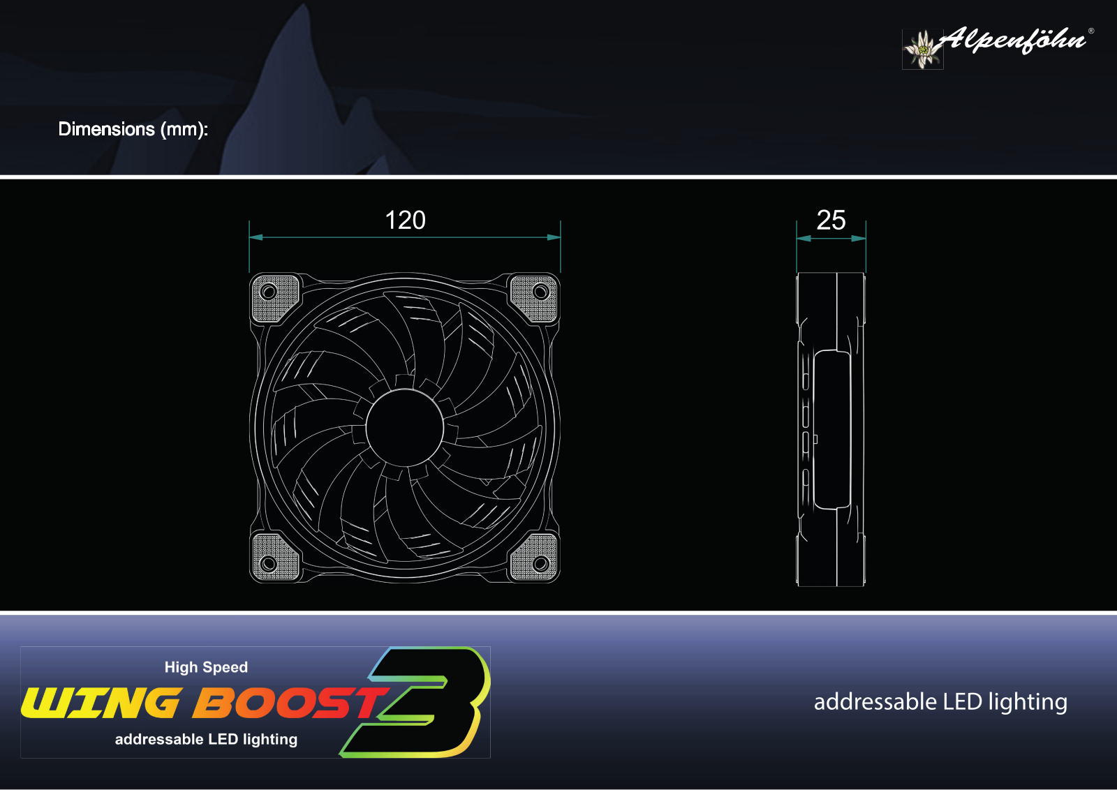 Alpenföhn Wing Boost 3 ARGB High Speed Dimensional drawing