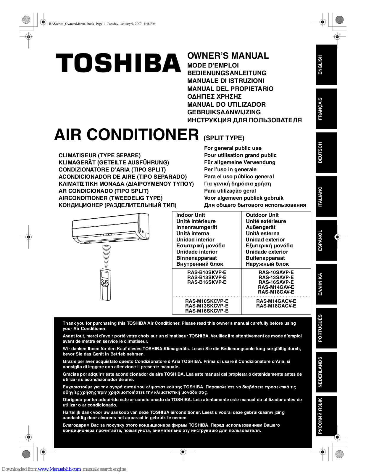 Toshiba RAS-B13SKVP-E, RAS-M13SKCVP-E, RAS-B16SKVP-E, RAS-M10SKCVP-E, RAS-M16SKCVP-E Owner's Manual