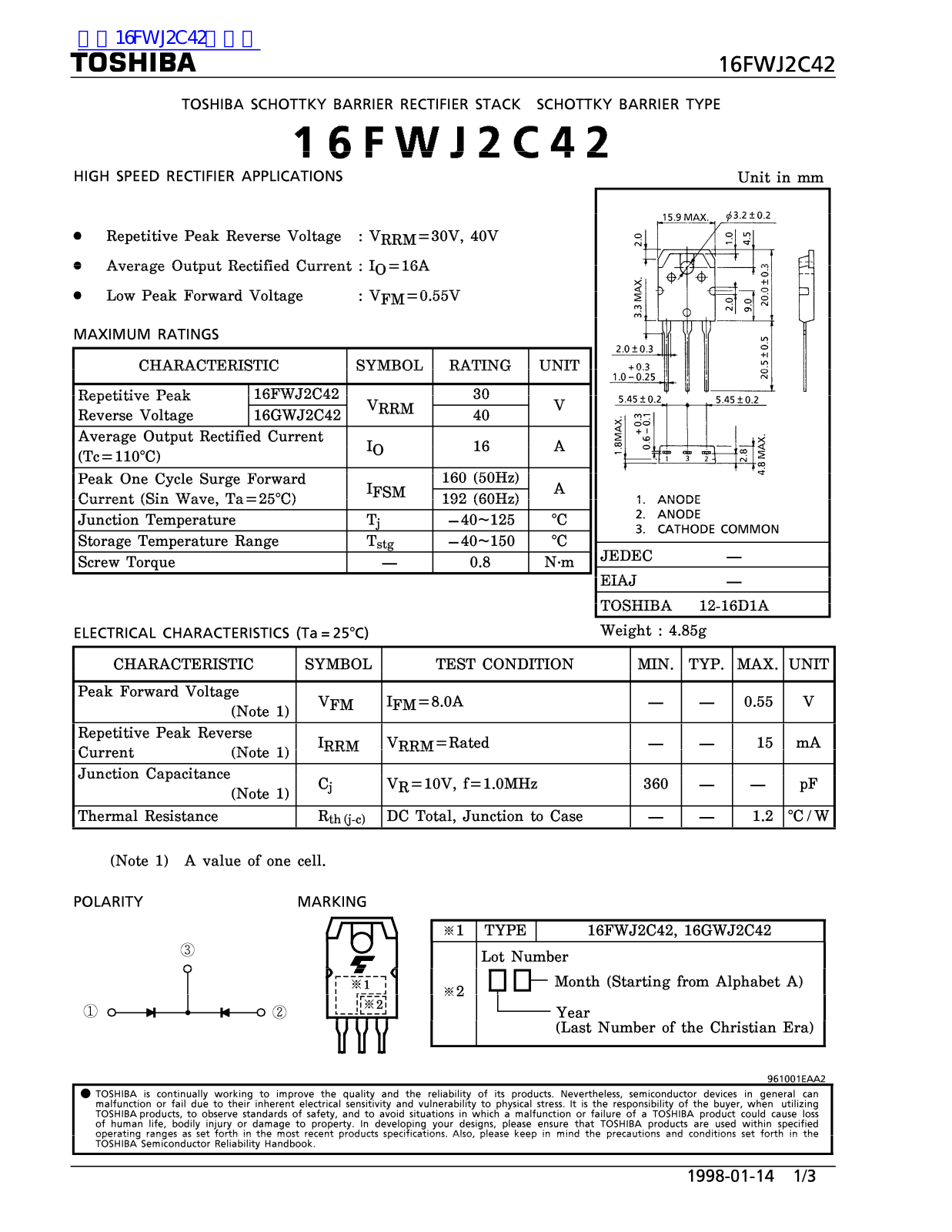 TOSHIBA 16FWJ2C42 Technical data