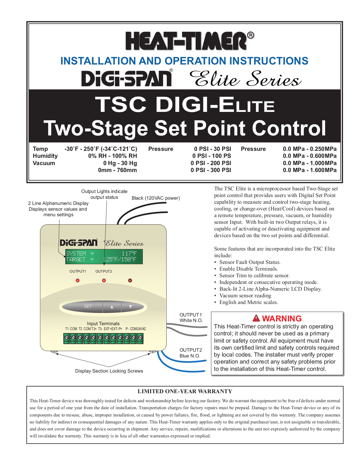 heat-timer DiGi-SPAN Elite, DiGi-SPAN TSC DIGI-Elite Installation And Operation Instructions Manual