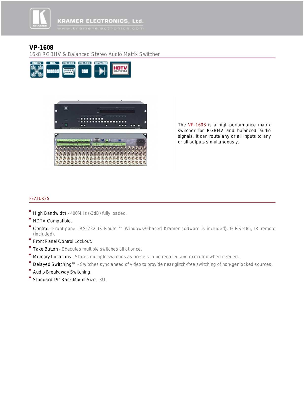 Kramer VP-1608 Datasheet