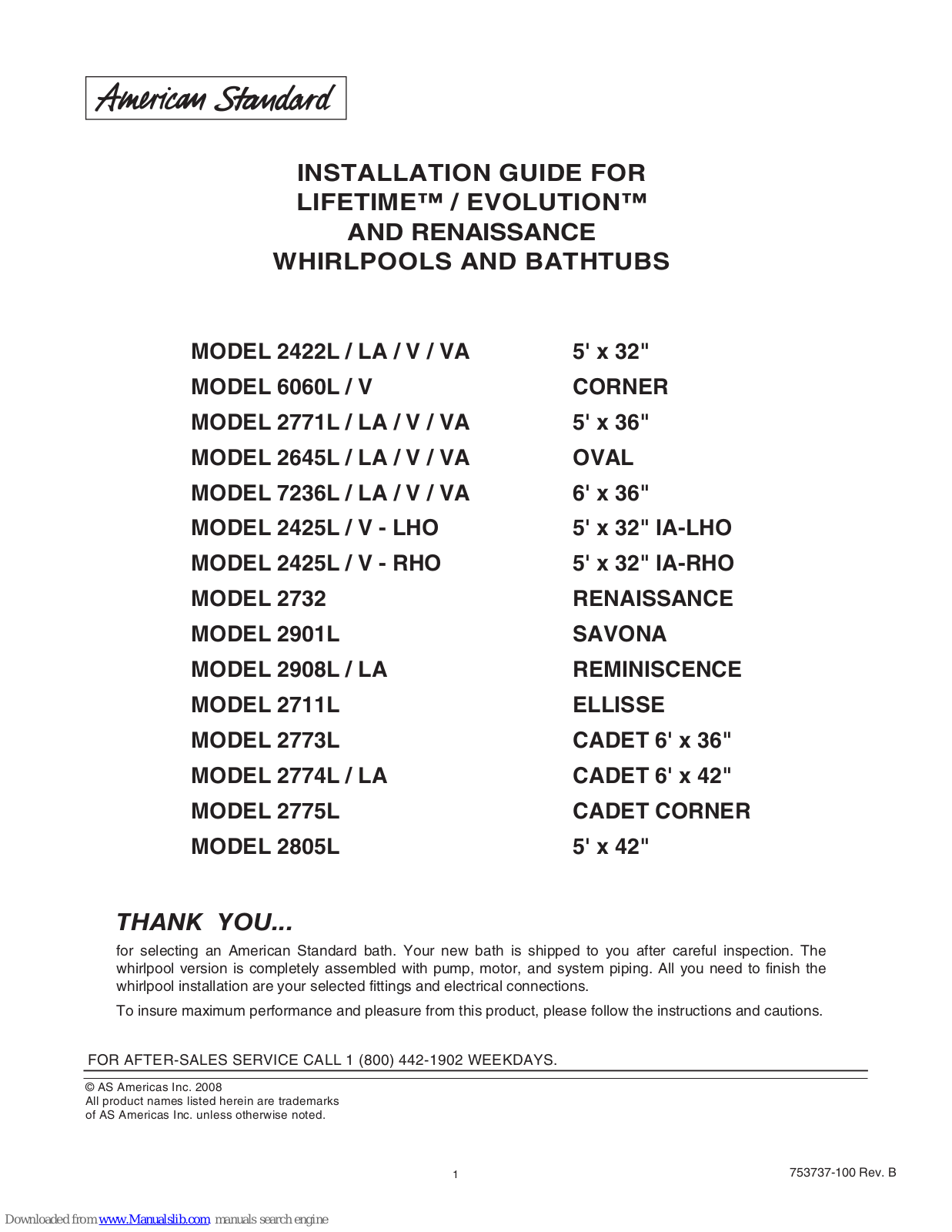 American Standard 2732, 2901L, 2775L, 2805L Installation Manual