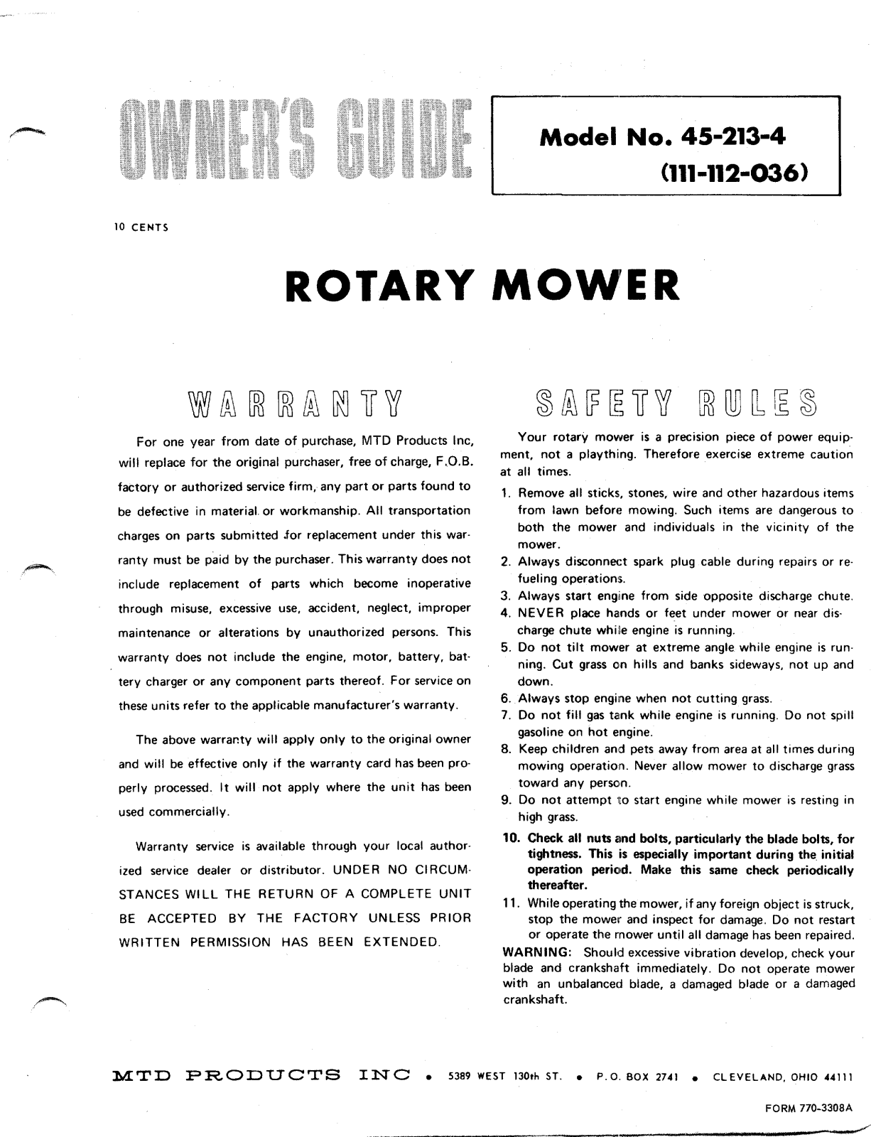 MTD 45-213-4, 111-112-036 User Manual