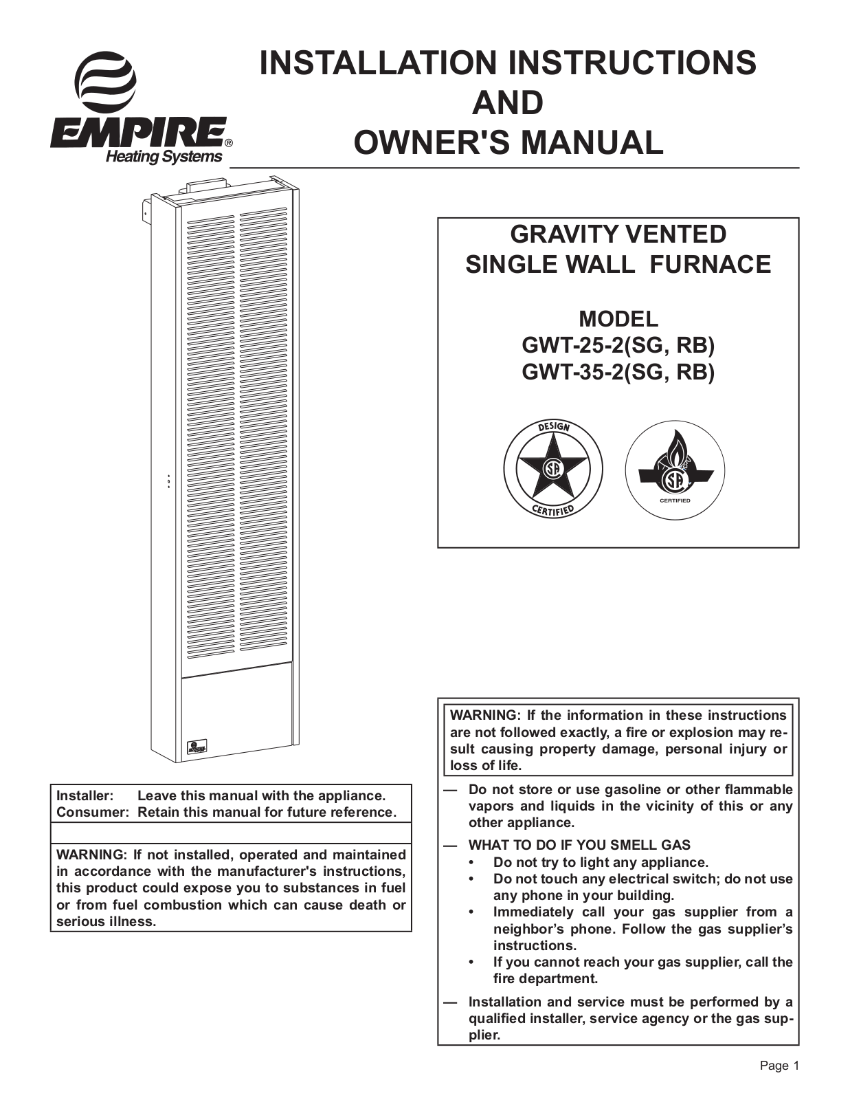 Empire Heating Systems GWT-25-2 SG, GWT-25-2RB, GWT-35-2SG, GWT-35-2RB Installation Instructions And Owner's Manual