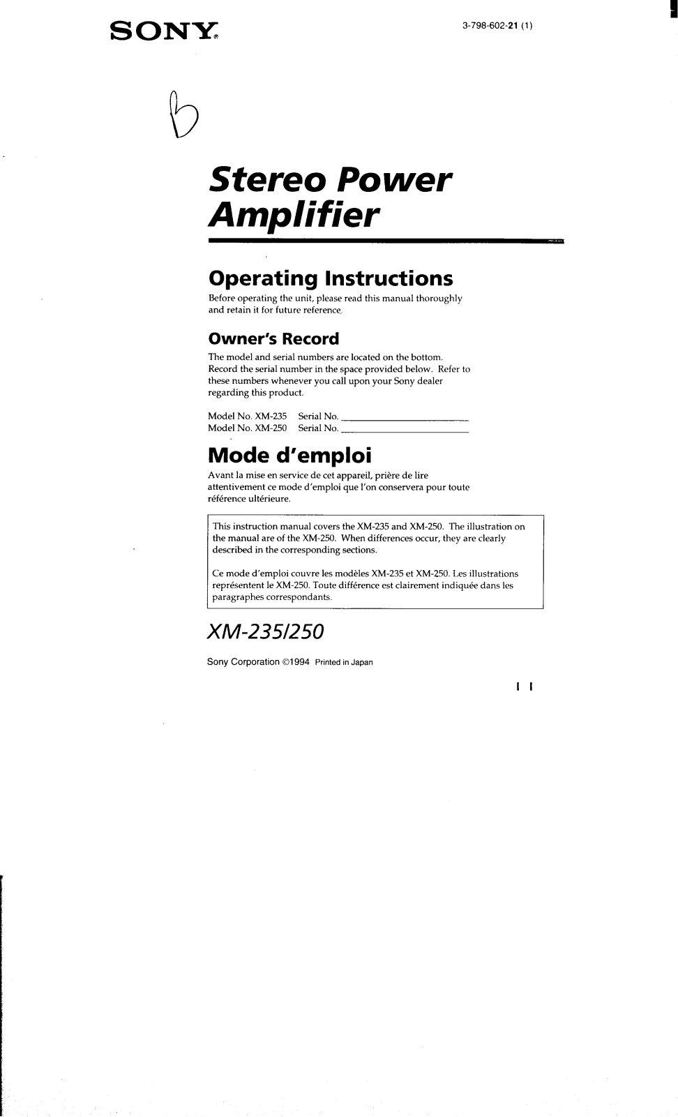 Sony XM-250 User Manual