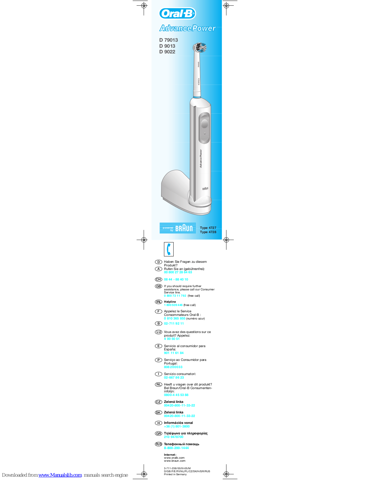 Braun Oral-B Advance Power D 79013, Oral-B Advance Power D 9013, Oral-B Advance Power D 9022, 4727, 4728 User Manual