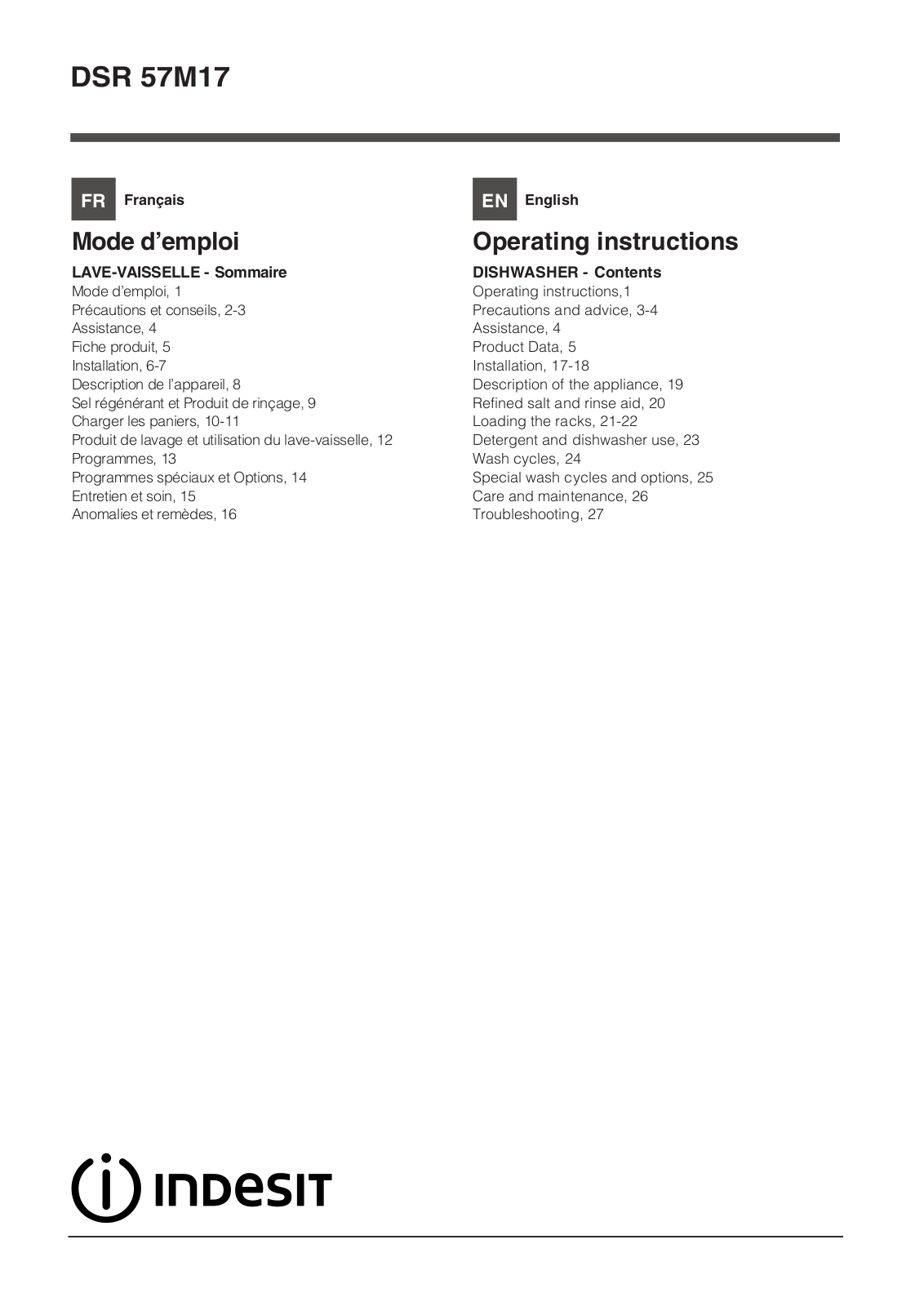 INDESIT DSR 57M17 NX User Manual