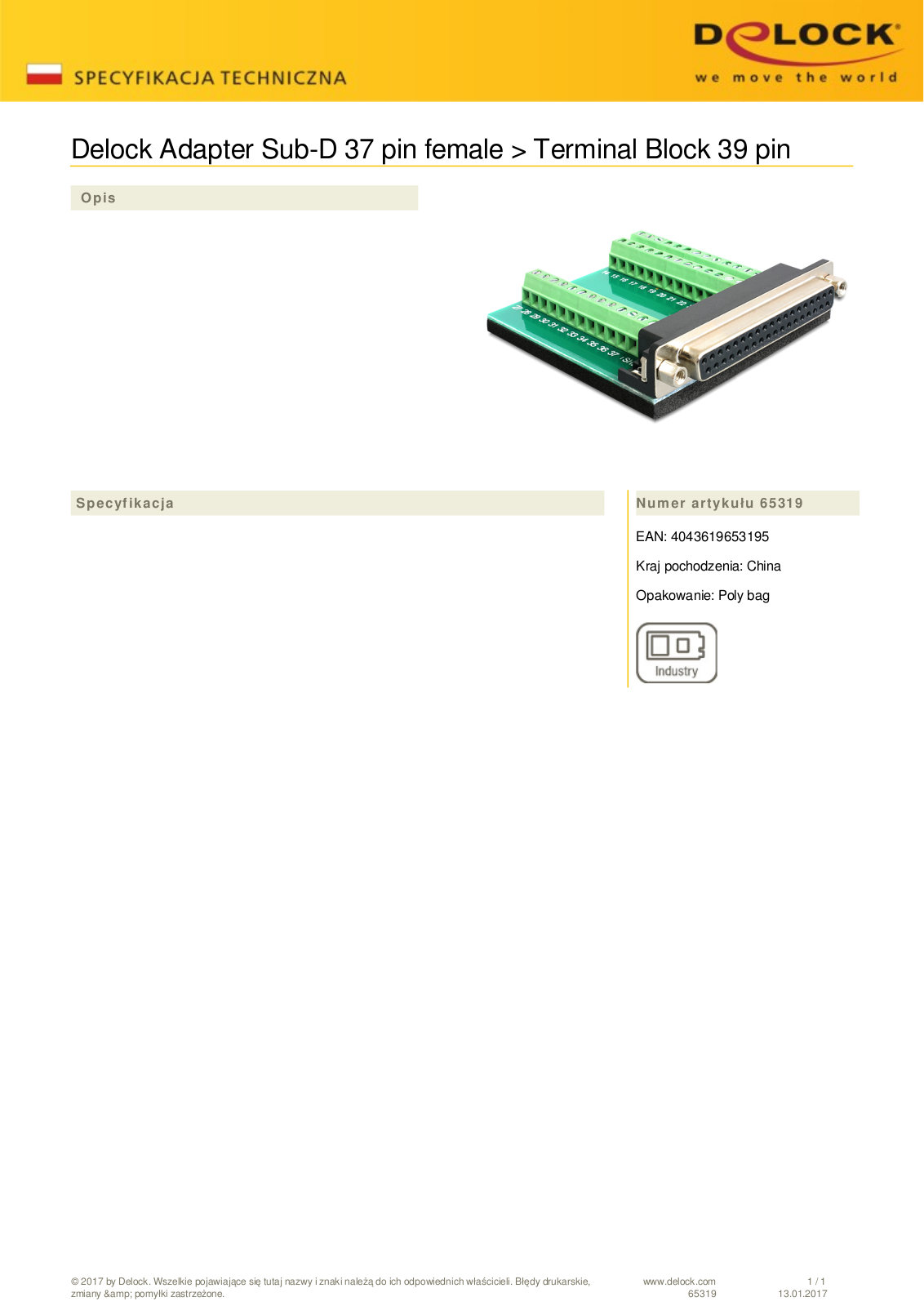 DeLOCK Sub-D 37-Pin socket on 39-Pin-Terminalblock adapter User Manual