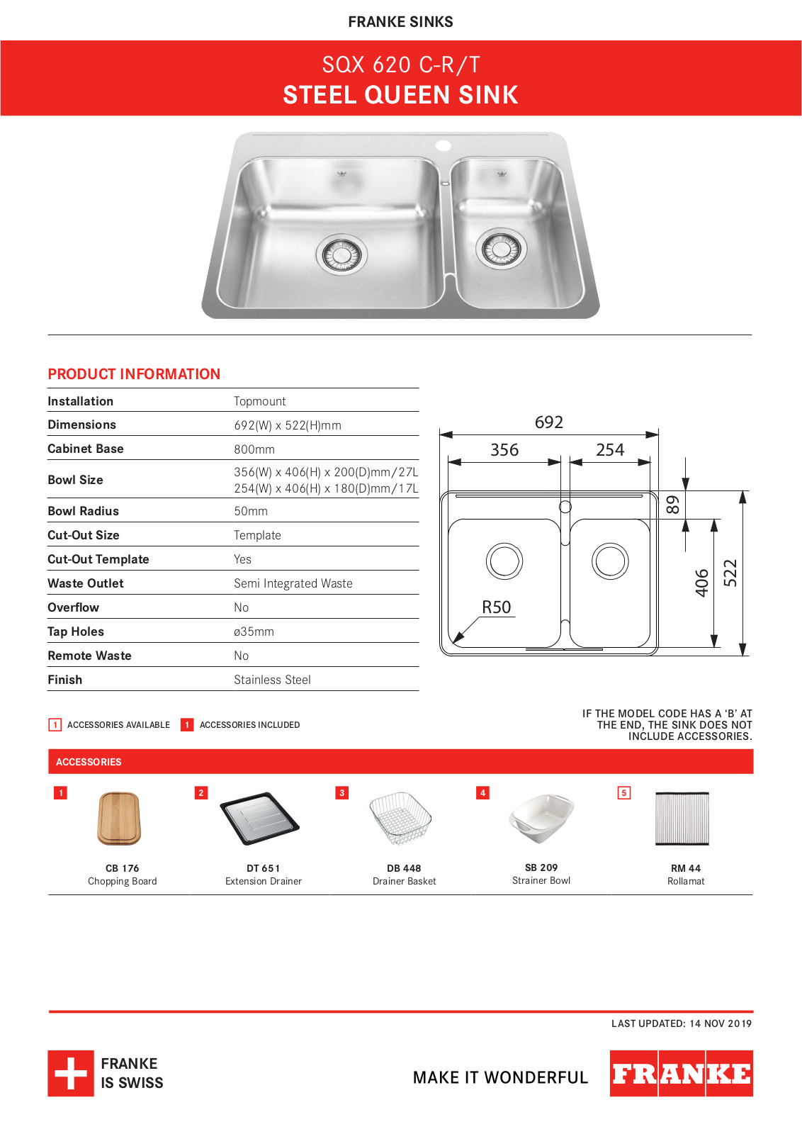 Franke SQX620C-RT Specifications Sheet