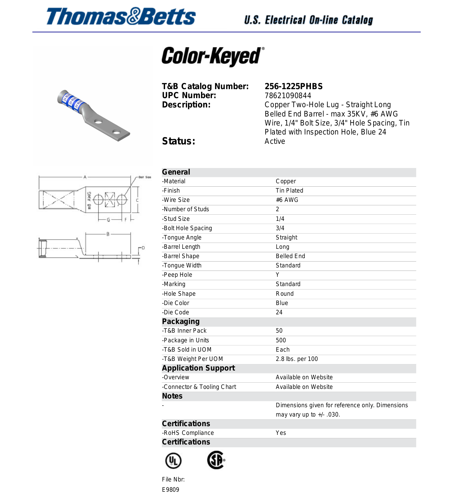 Thomas & Betts 256-1225PHBS Data Sheet - ManualMachine.com