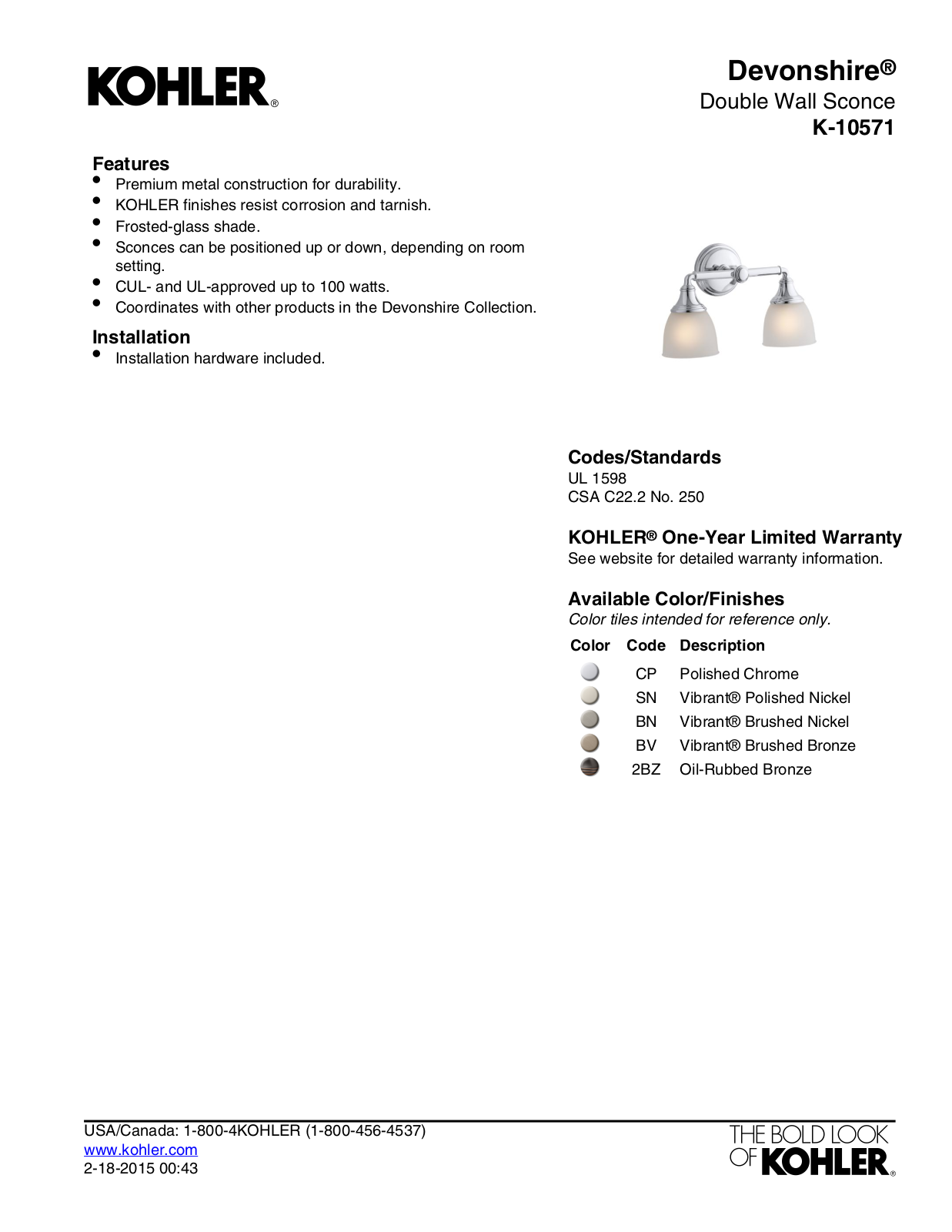 Kohler KOH8312 Specifications - ManualMachine.com