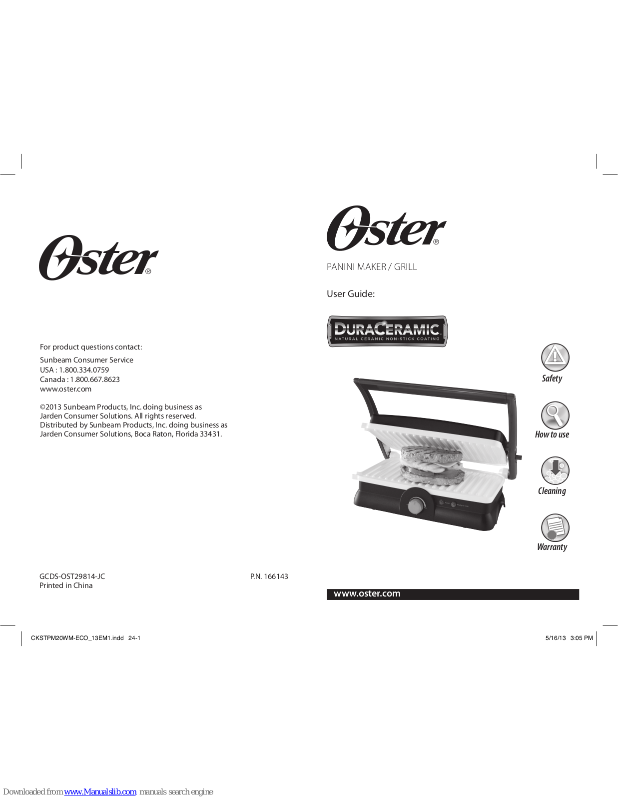 Oster PANINI MAKER / GRILL, PANINI MAKER, CKSTPM20W User Manual