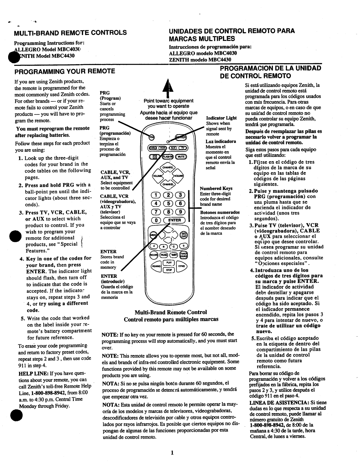 Zenith MBC4030, MBC4430 OPERATING GUIDE