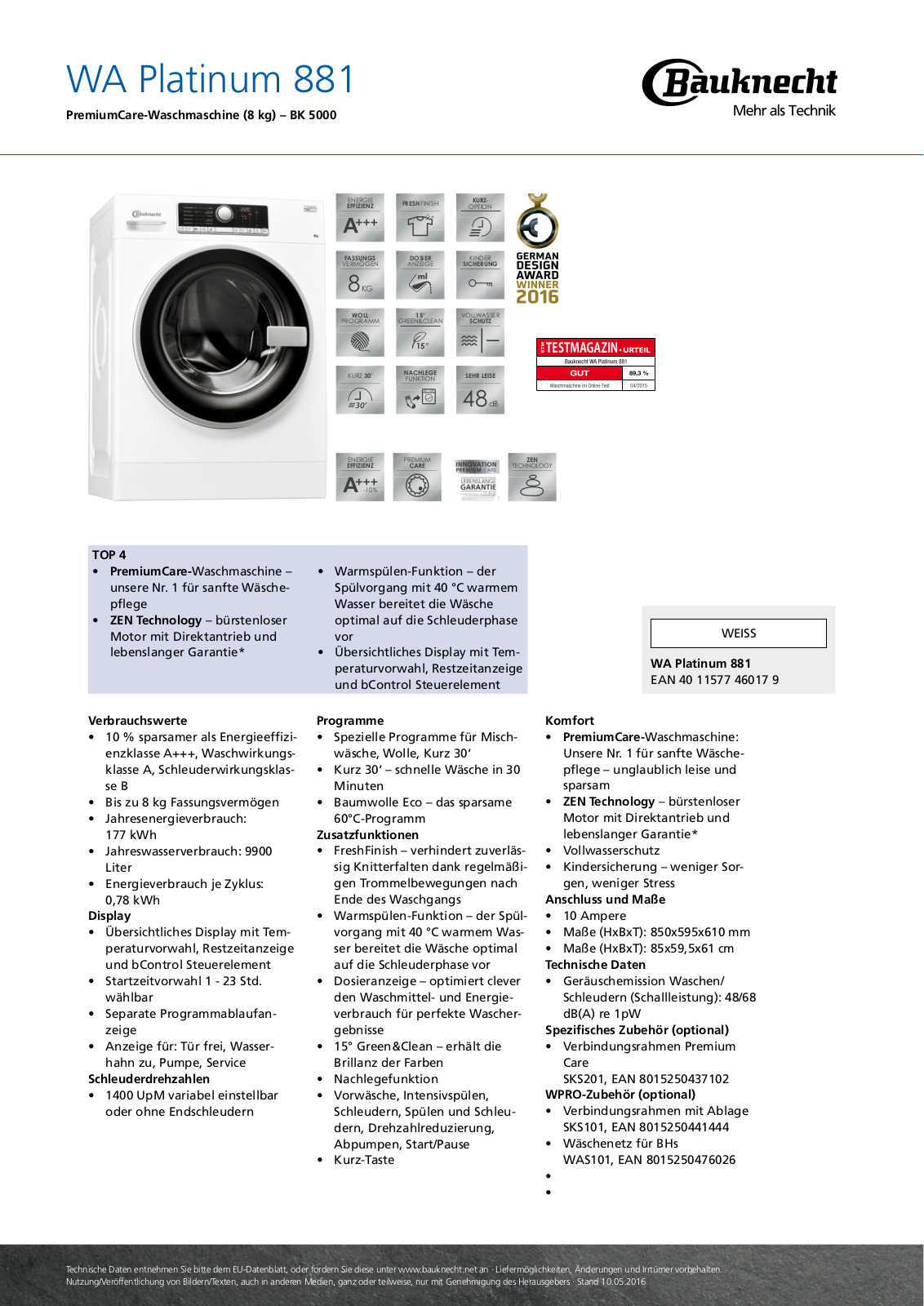 Bauknecht WA Platinum 881 User Manual