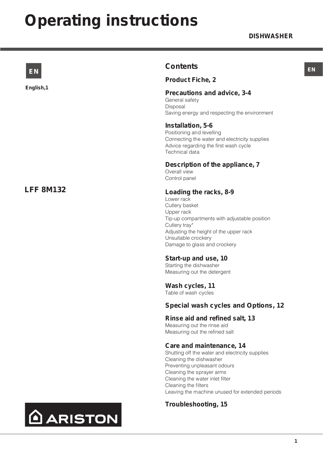 Ariston LFF8M132 C AUS, LFF8M132 CX AUS Operating Instructions