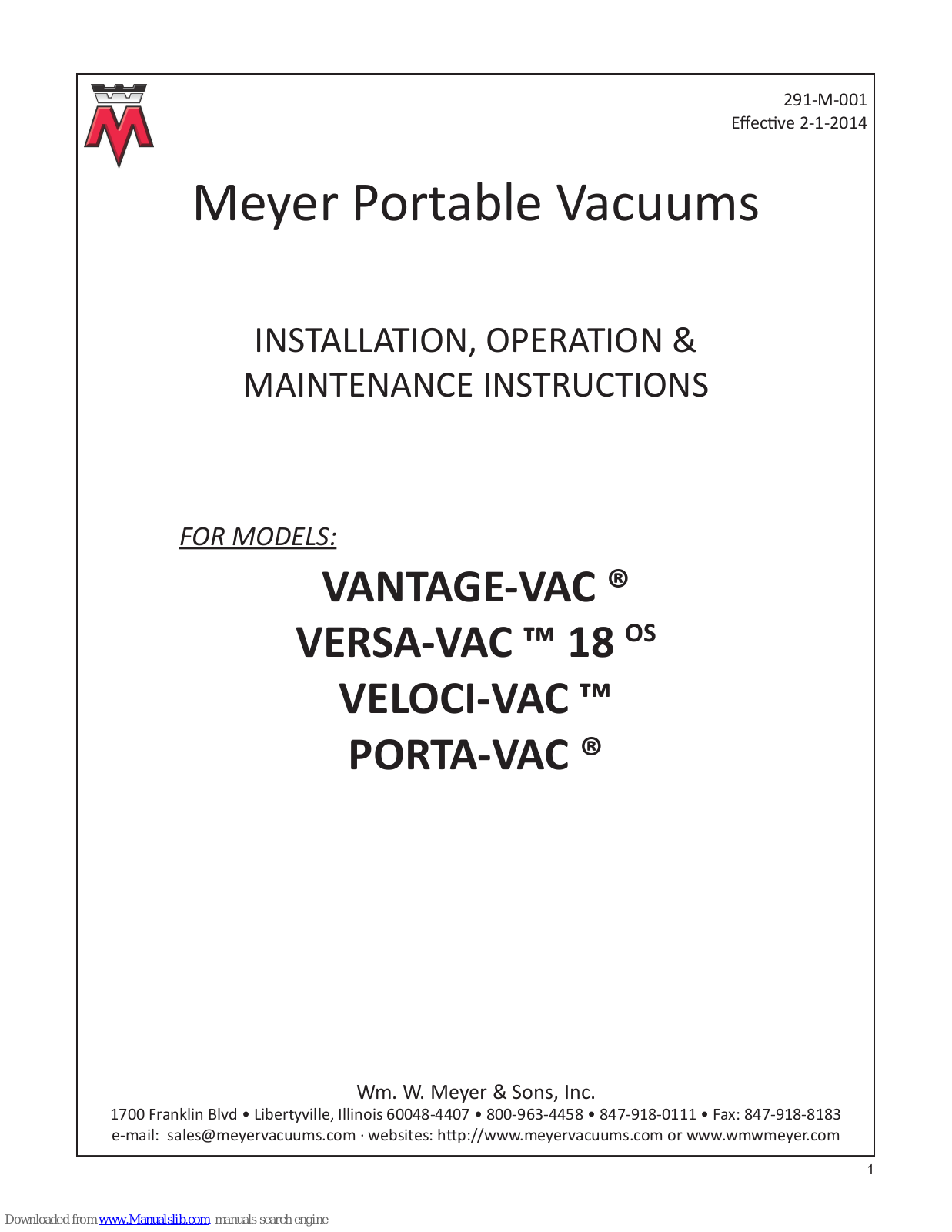 Meyer VANTAGE-VAC, VERSA-VAC 18 OS, VELOCI-VAC, PORTA-VAC Operation Manual