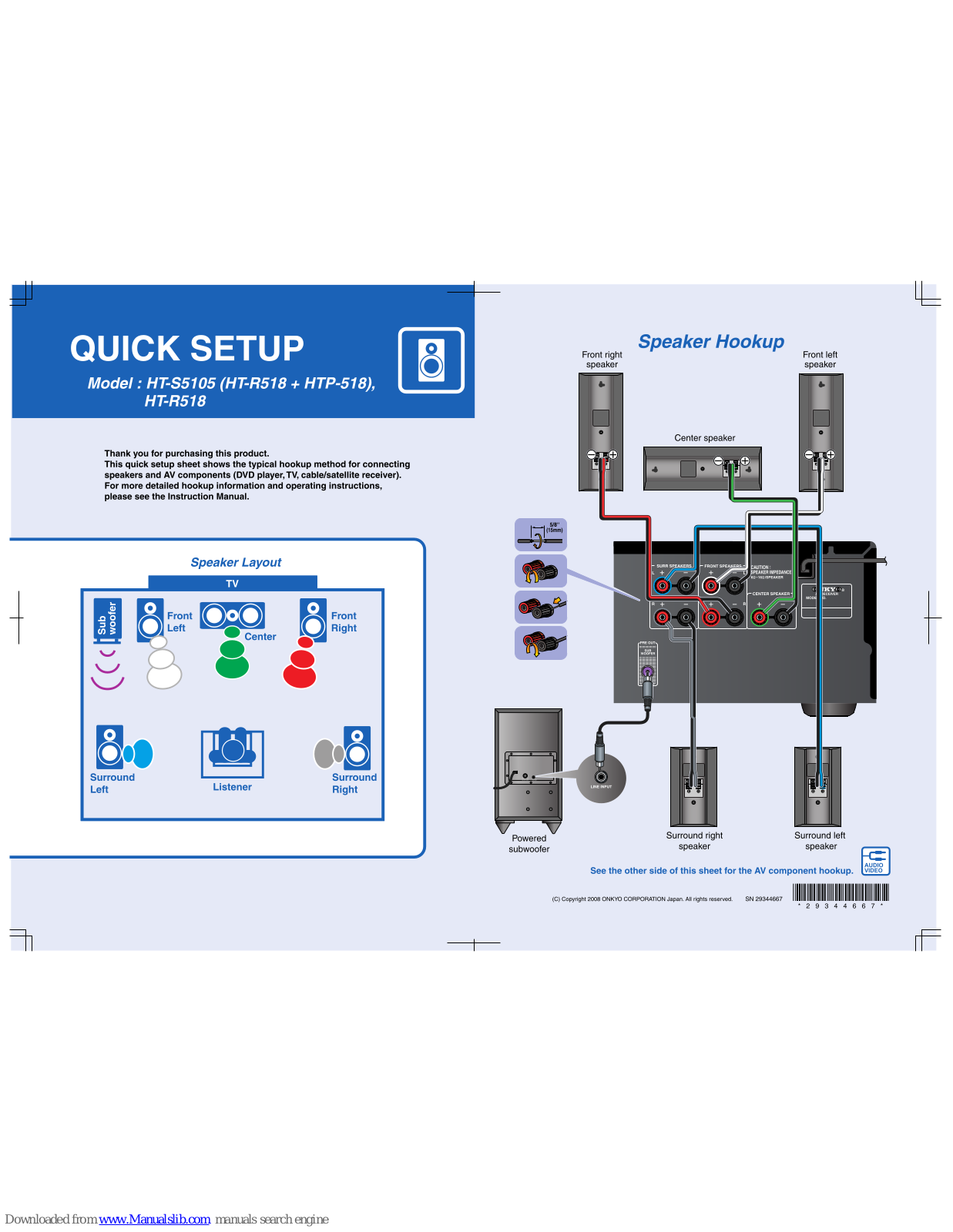 Onkyo HT-S5105, HT-R518 Quick Setup Manual