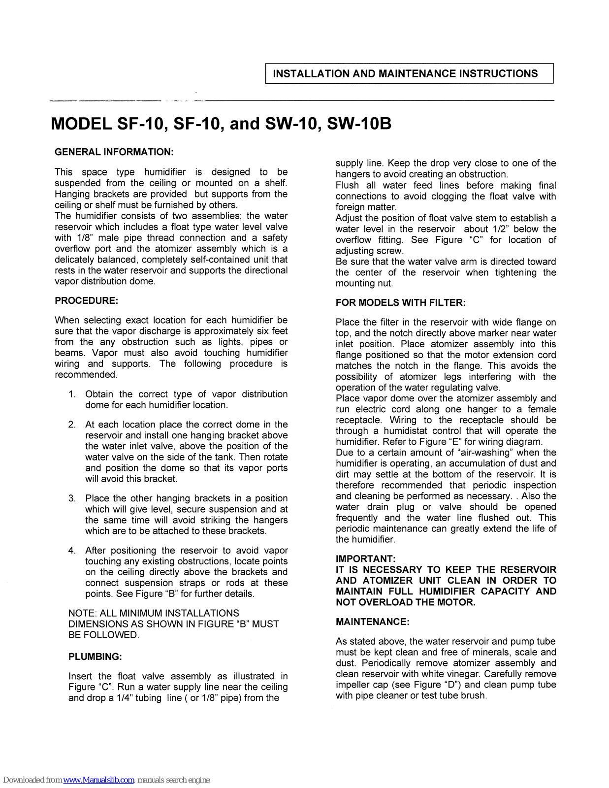 Walton SF-10, SW-10B, SW-10 Installation And Maintenance Instructions Manual