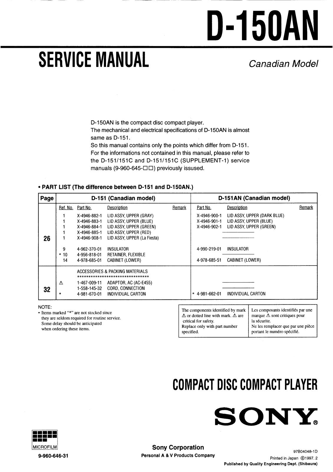 Sony D-150AN Service Manual