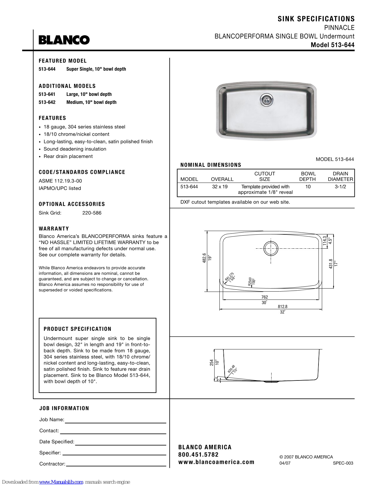 Blanco 513-644 Specification Sheet - ManualMachine.com