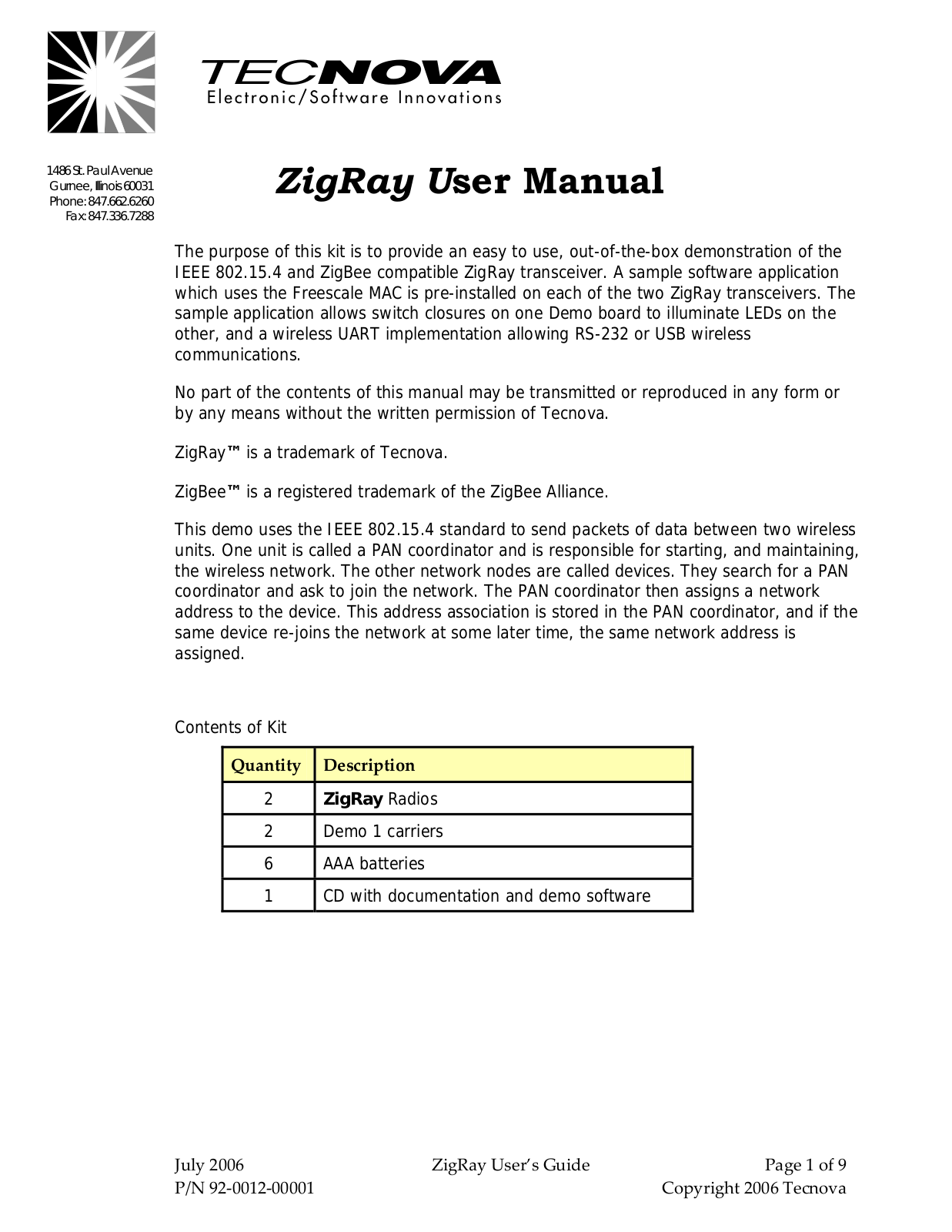 Micro Design Specialists Tecnova ZIGRAY User Manual