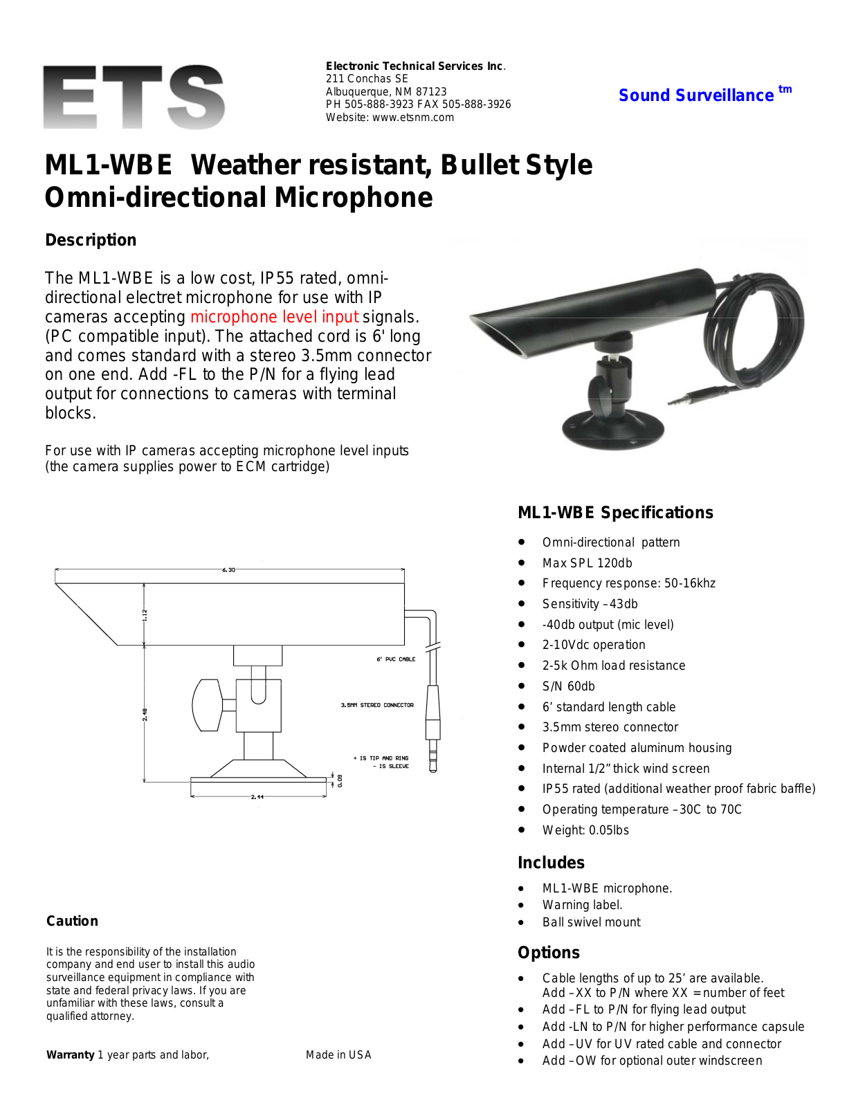 ETS ML1-WBE Specsheet