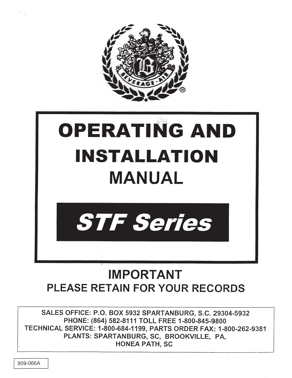 Beverage Air STF-58 Installation Manual