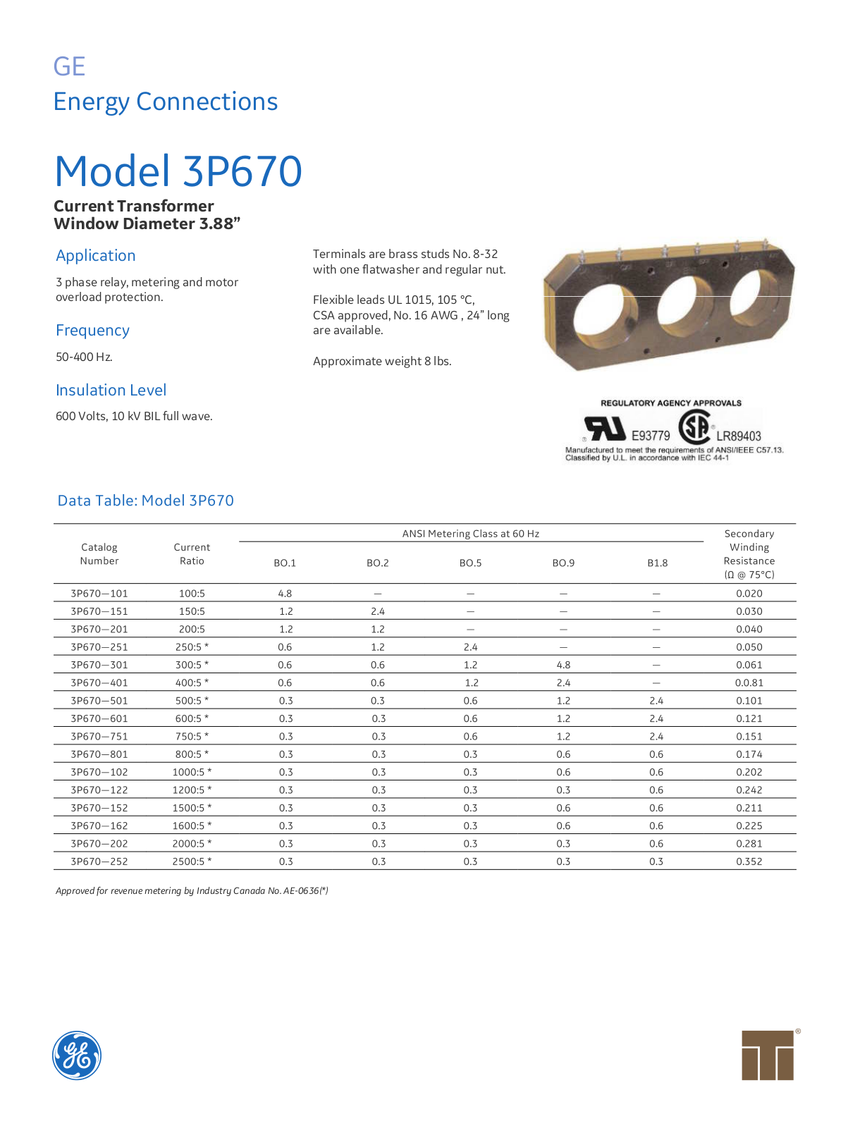 Instrument Transformer, Div of GE 3P670 Data Sheet