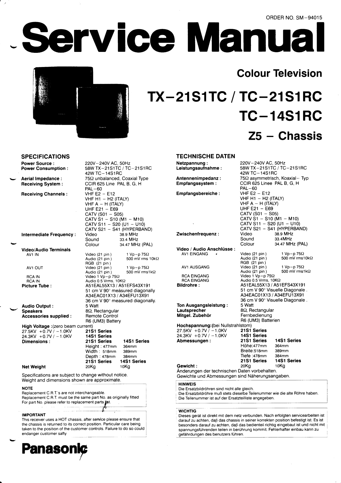 panasonic tx-21s1tc, tc-21s1rc, tc-14s1rc Service Manual