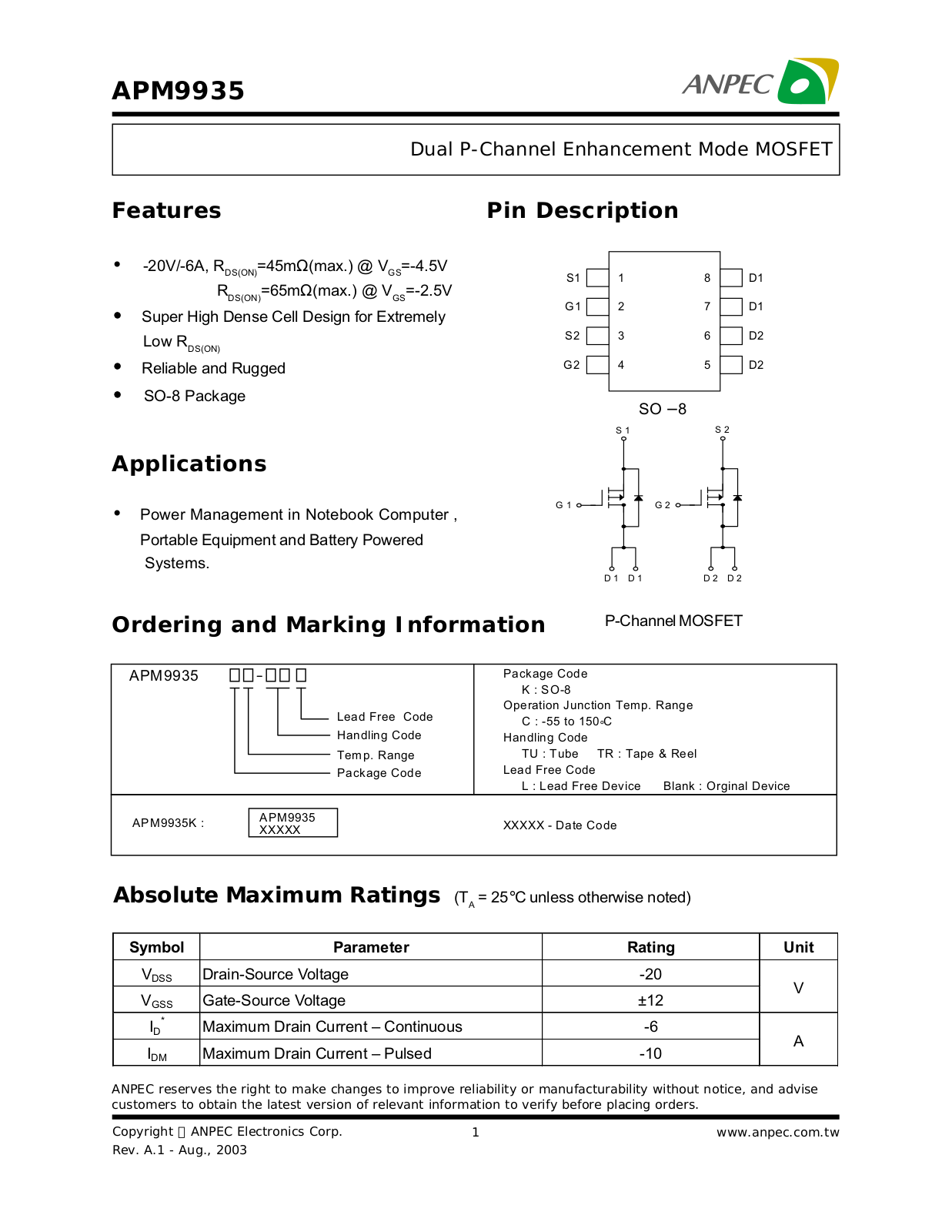 ANPEC APM9935KC-TUL, APM9935KC-TU, APM9935KC-TRL, APM9935KC-TR Datasheet