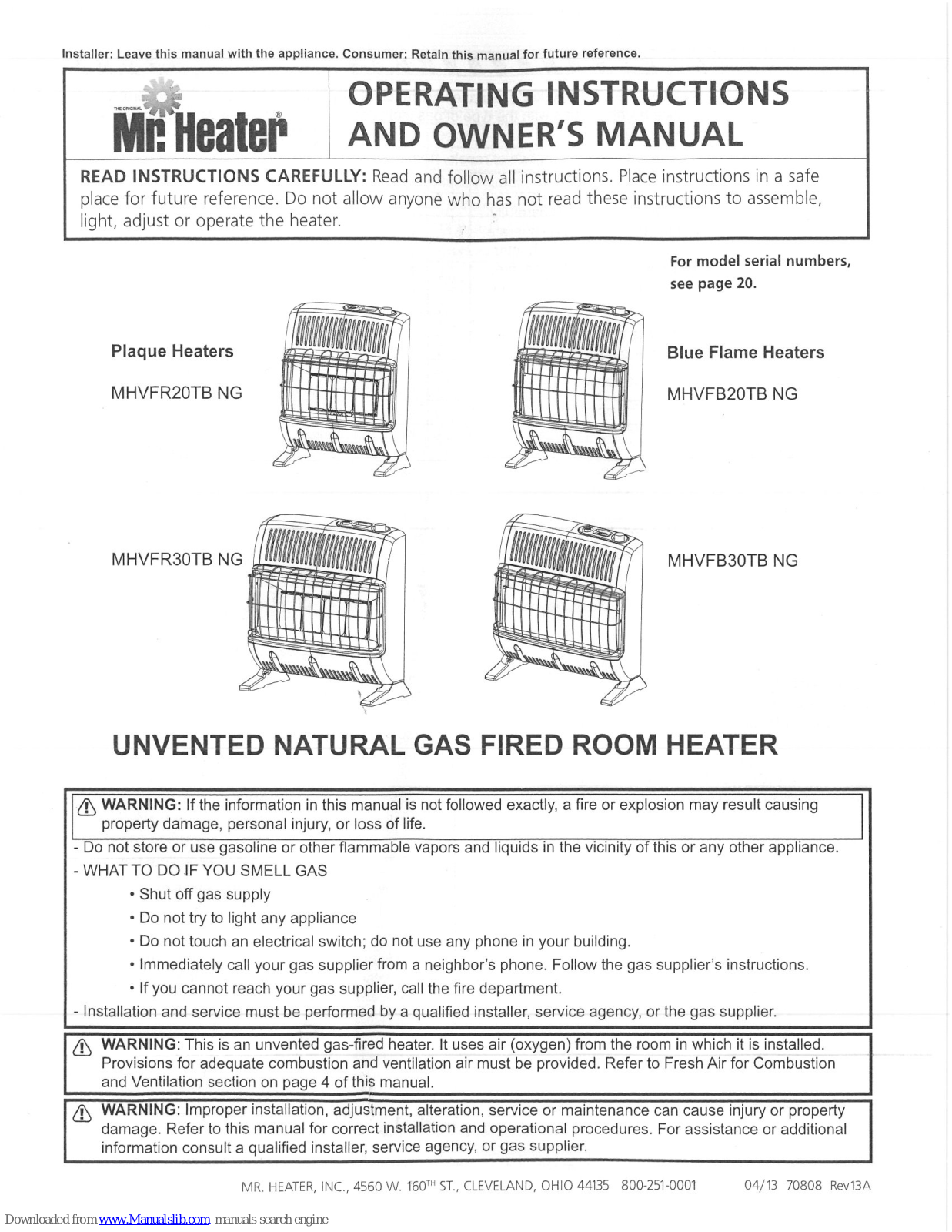 Mr. Heater MHVFR20TB NG, MHVFR30TB NG, MHVFB30TB NG, MHVFB20TB NG Owner's Manual