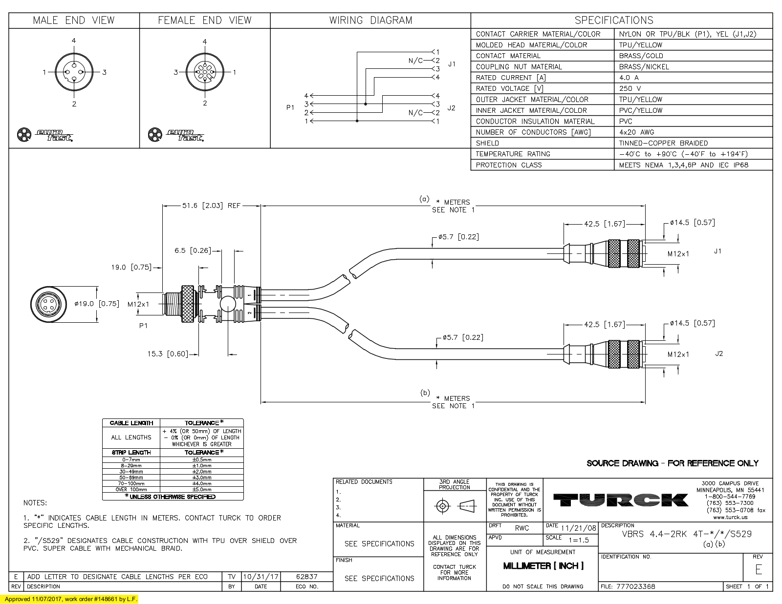 Turck VBRS4.4-2RK4T-0.5/0.7S529 Specification Sheet