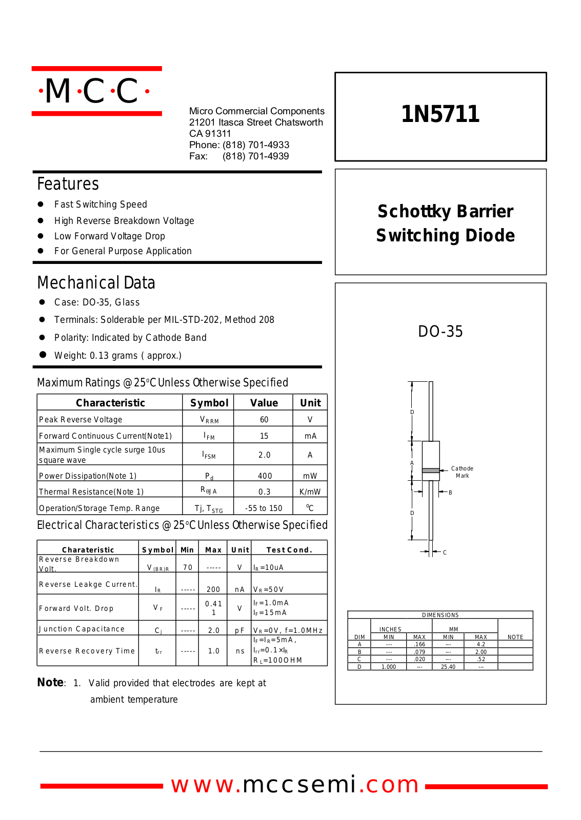 MCC 1N5711 Datasheet