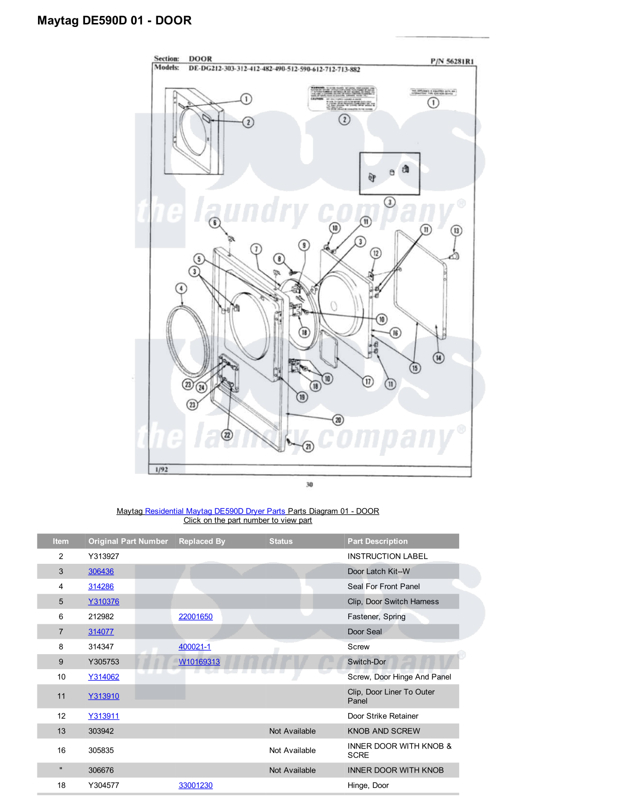 Maytag DE590D Parts Diagram