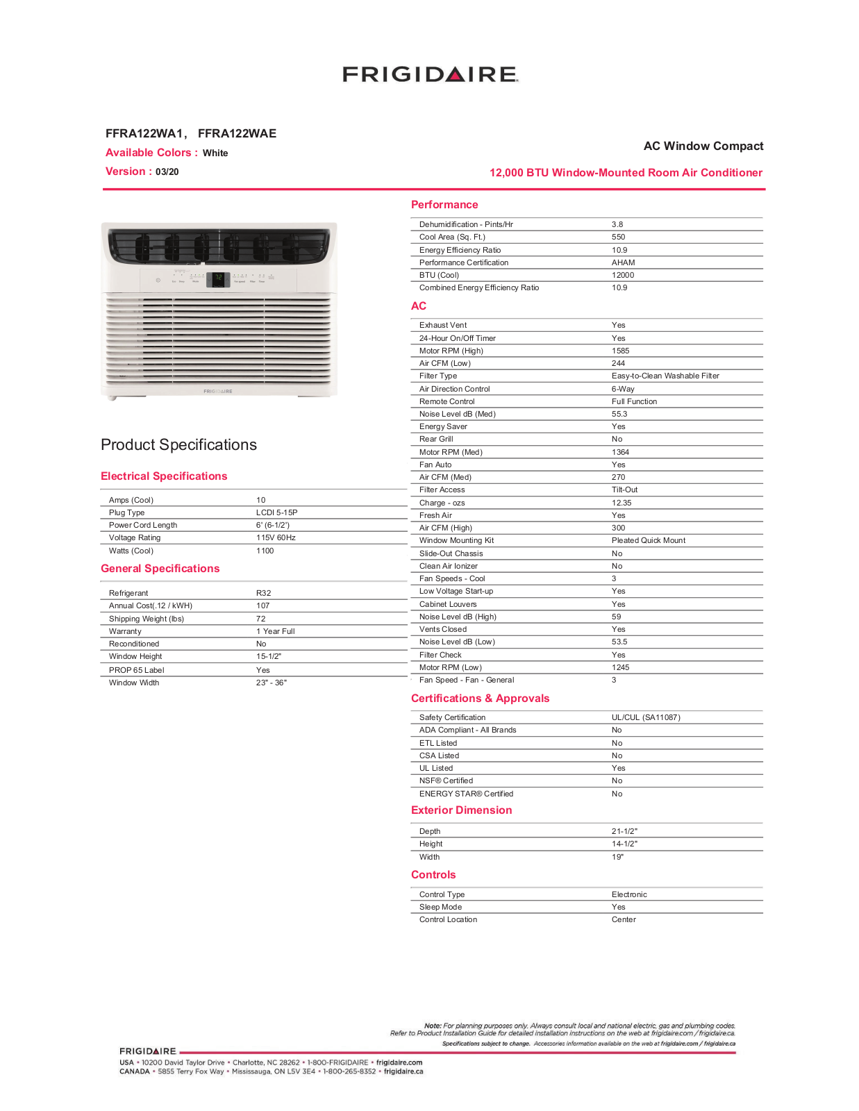 Frigidaire FFRA122WA1, FFRA122WAE Specification Sheet