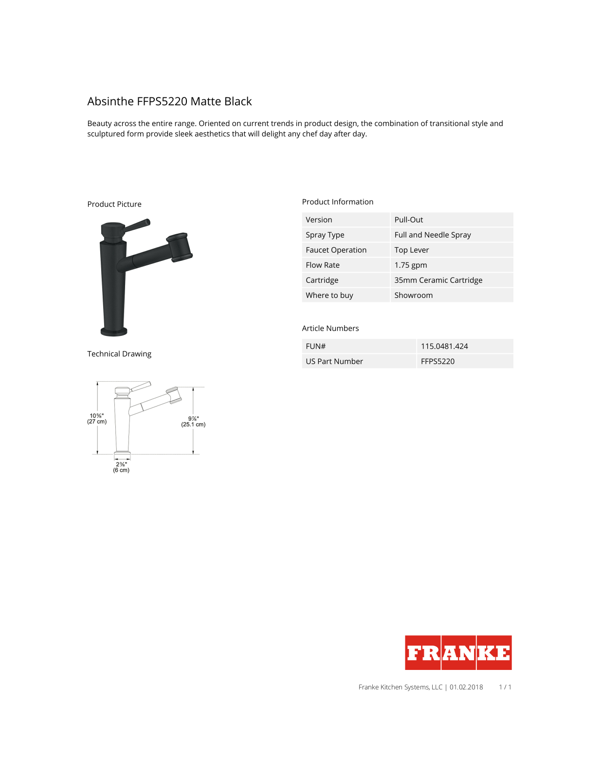 Franke FFPS5220 Specs