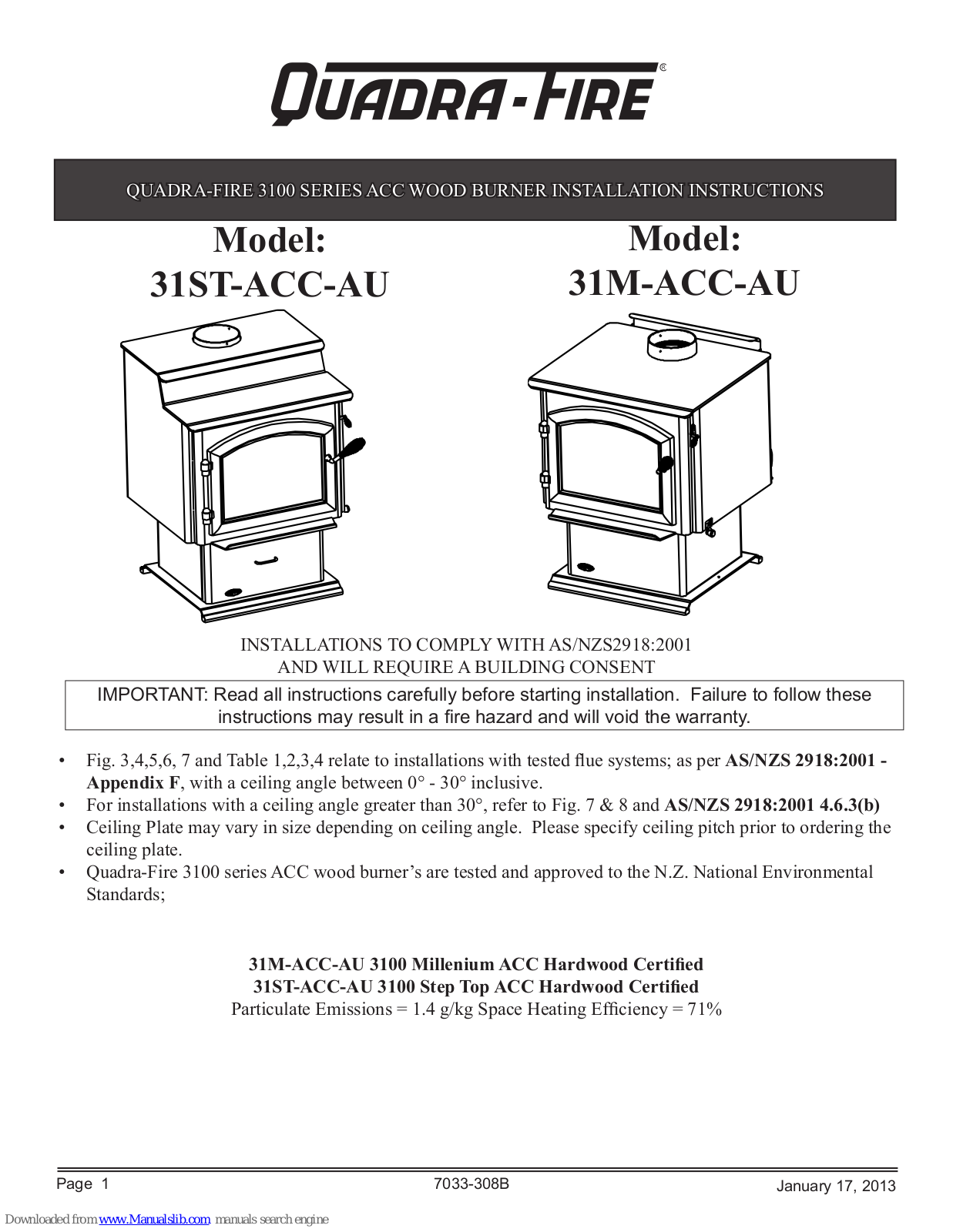 Quadra-Fire 31ST-ACC-AU, 31M-ACC-AU Installation Instructions Manual