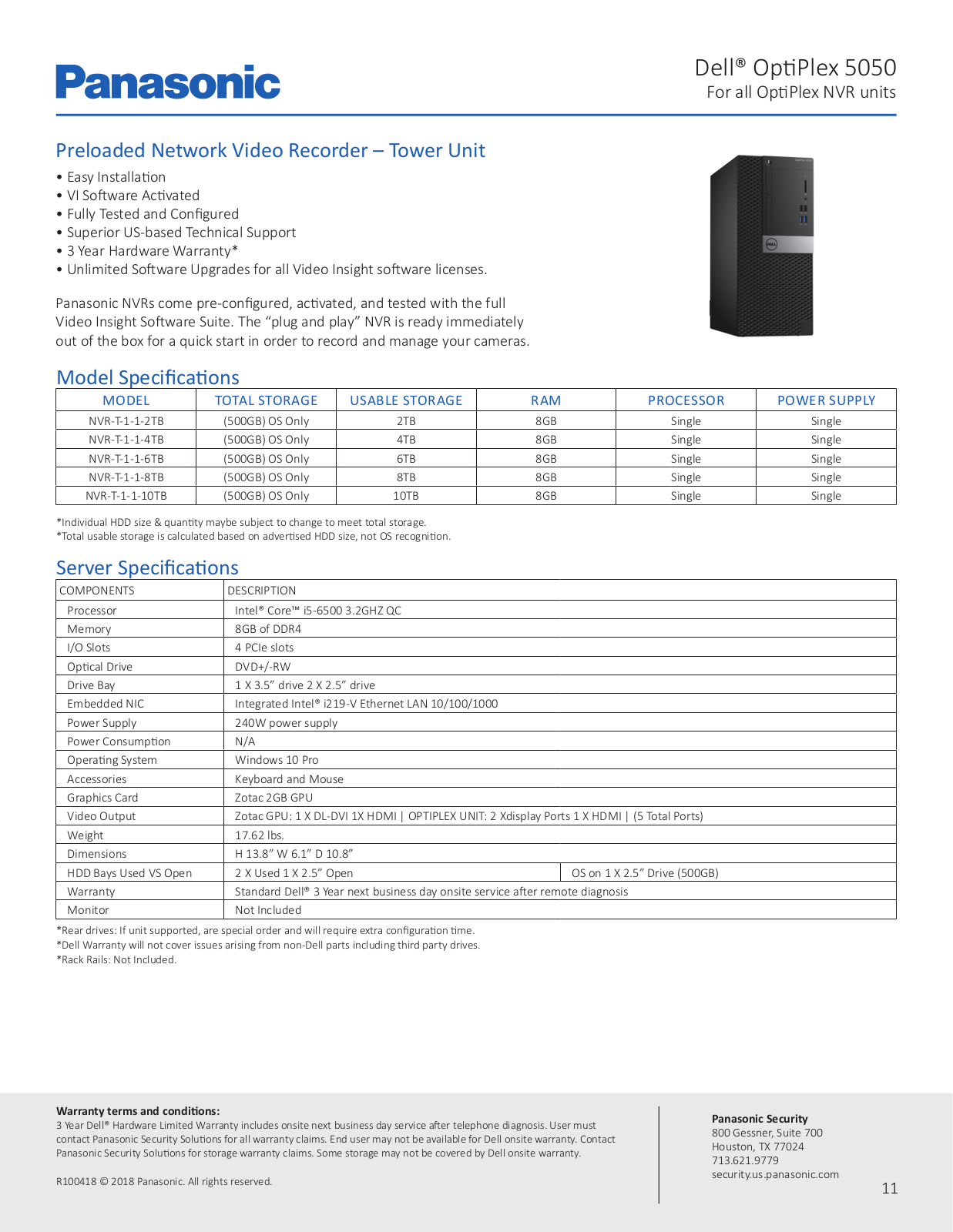 Panasonic NVR-T-1-1-10TB Specsheet